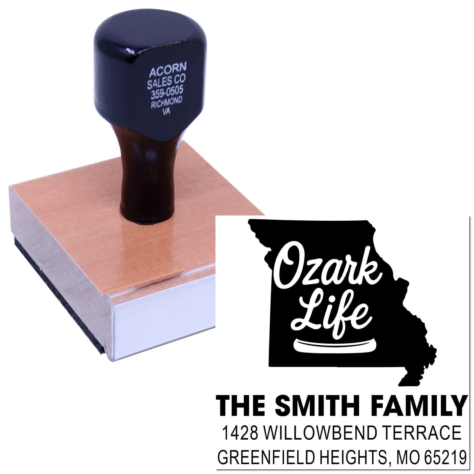Personalized rubber stamp with Ozark Life Missouri address design for custom family mailing labels.