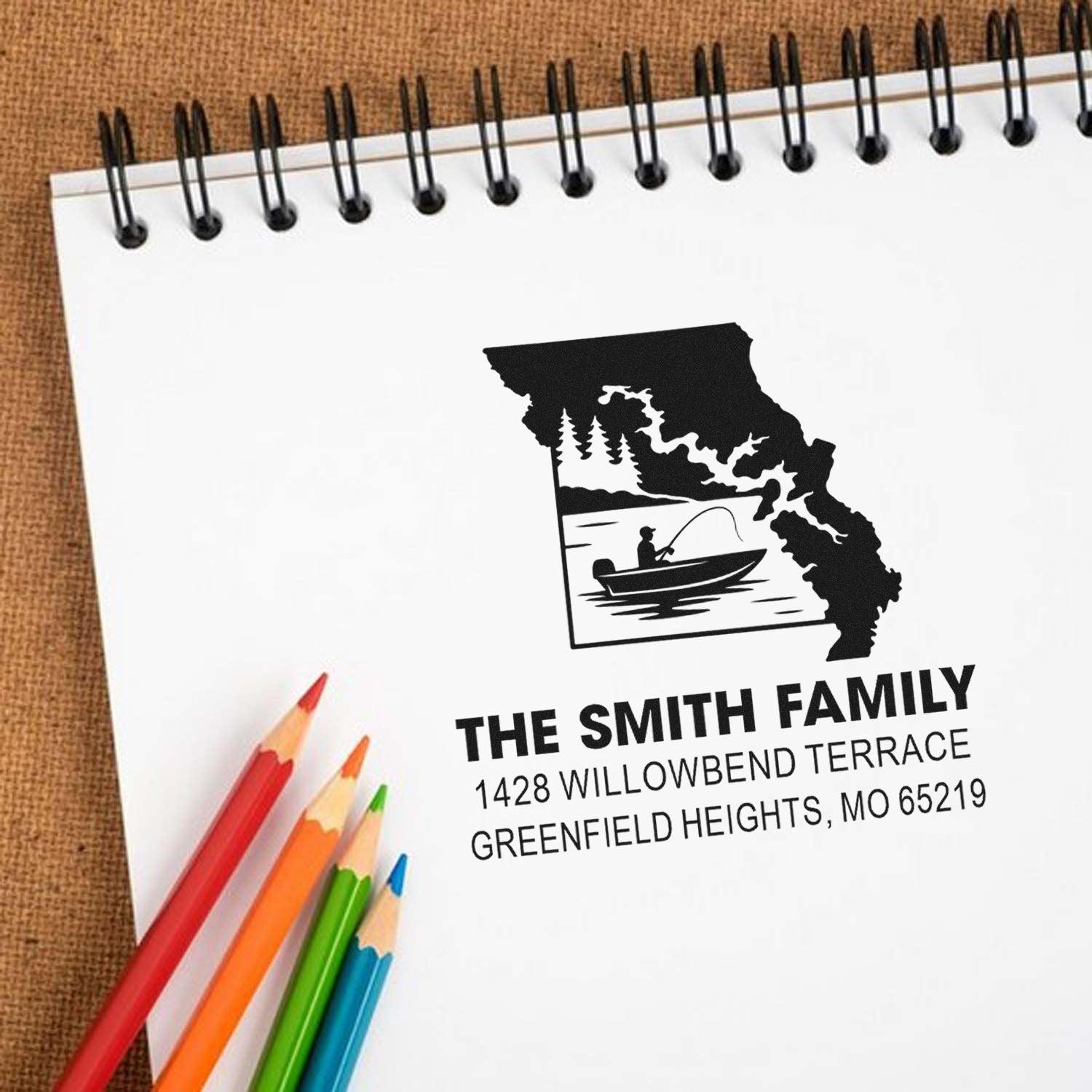 Custom rubber stamp with Missouri fishing design and family address for The Smith Family.