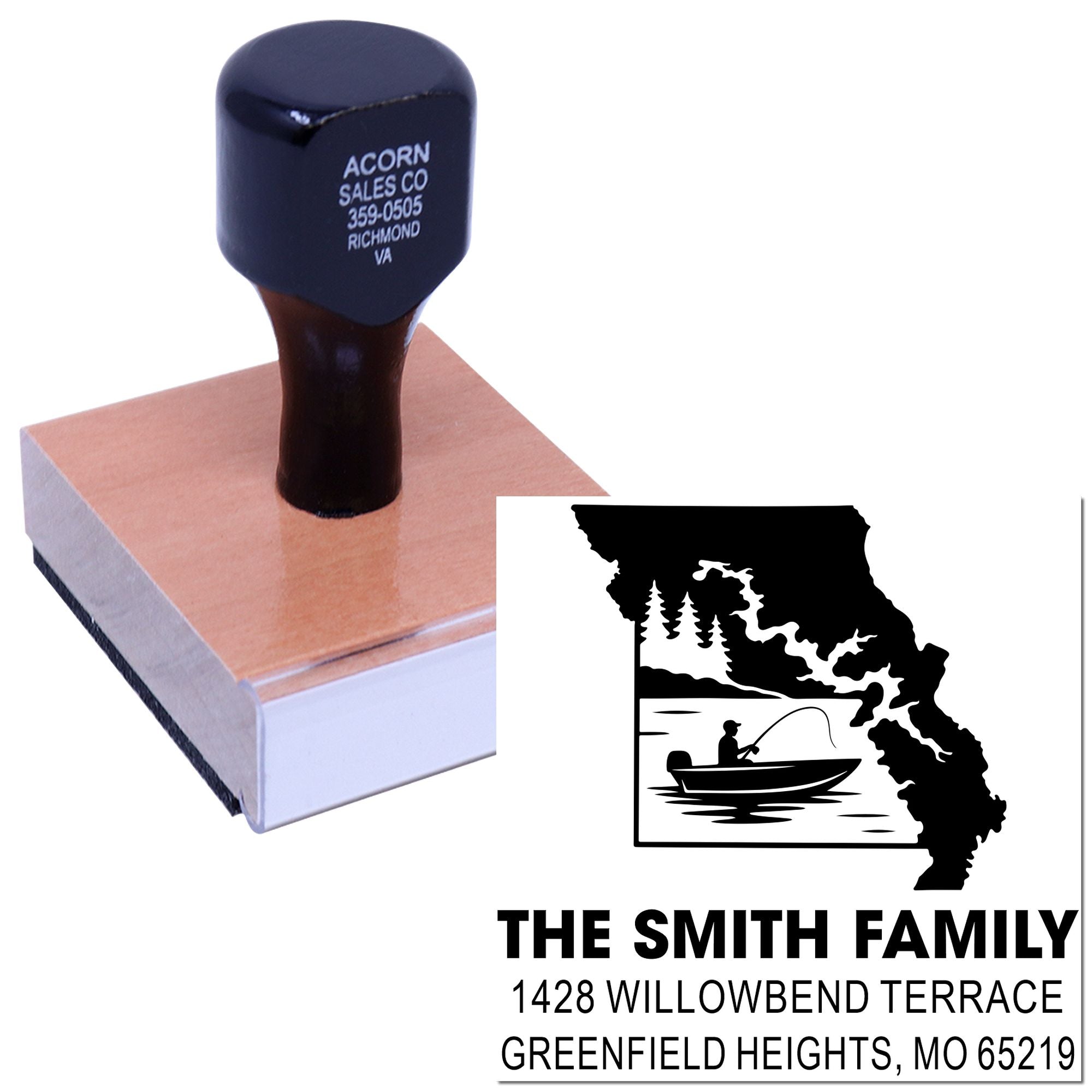 Custom family address rubber stamp with Missouri fishing design and wooden handle for personalized mailing impressions