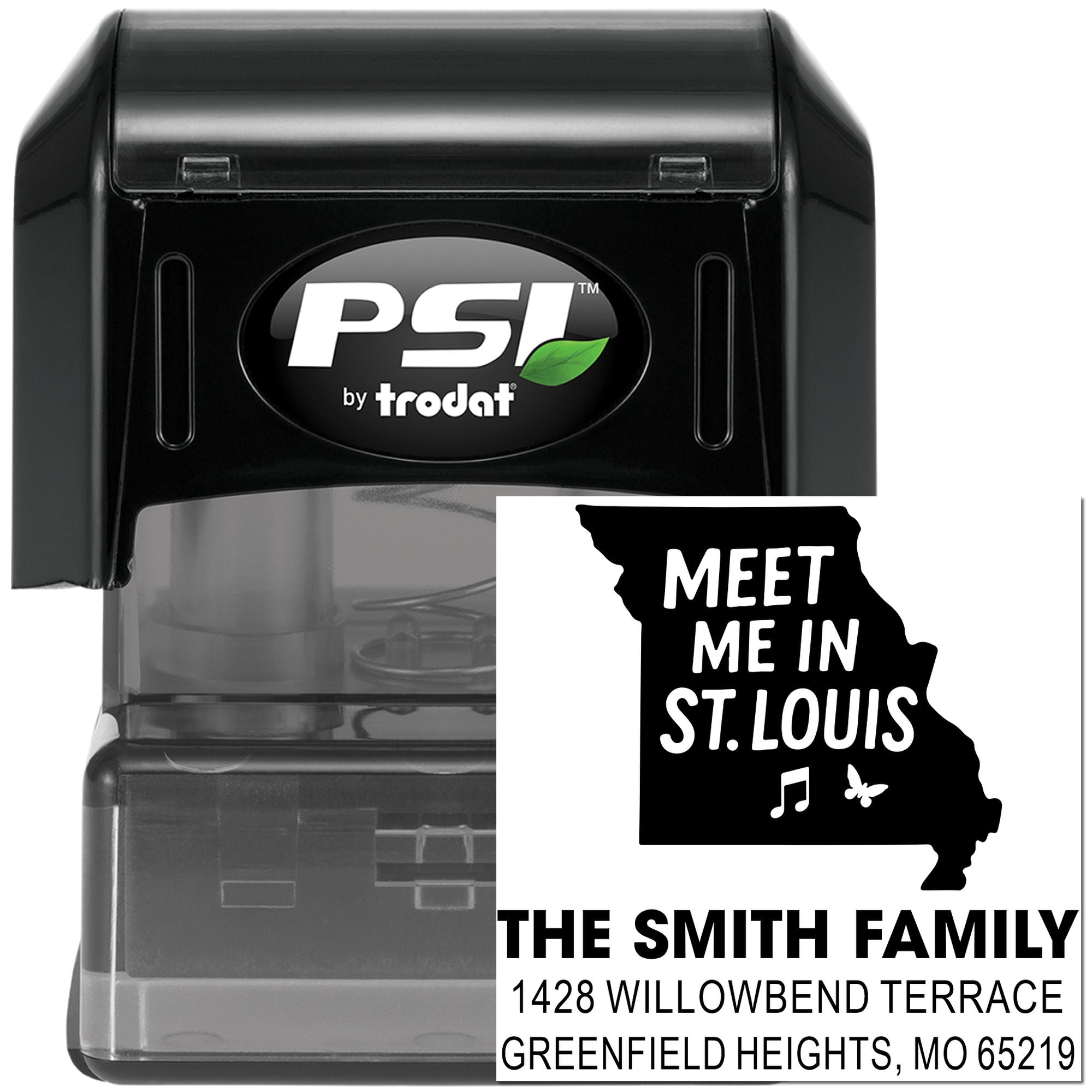 Custom self-inking rubber address stamp by PSI Trodat with Meet Me in St. Louis return address design for The Smith Family