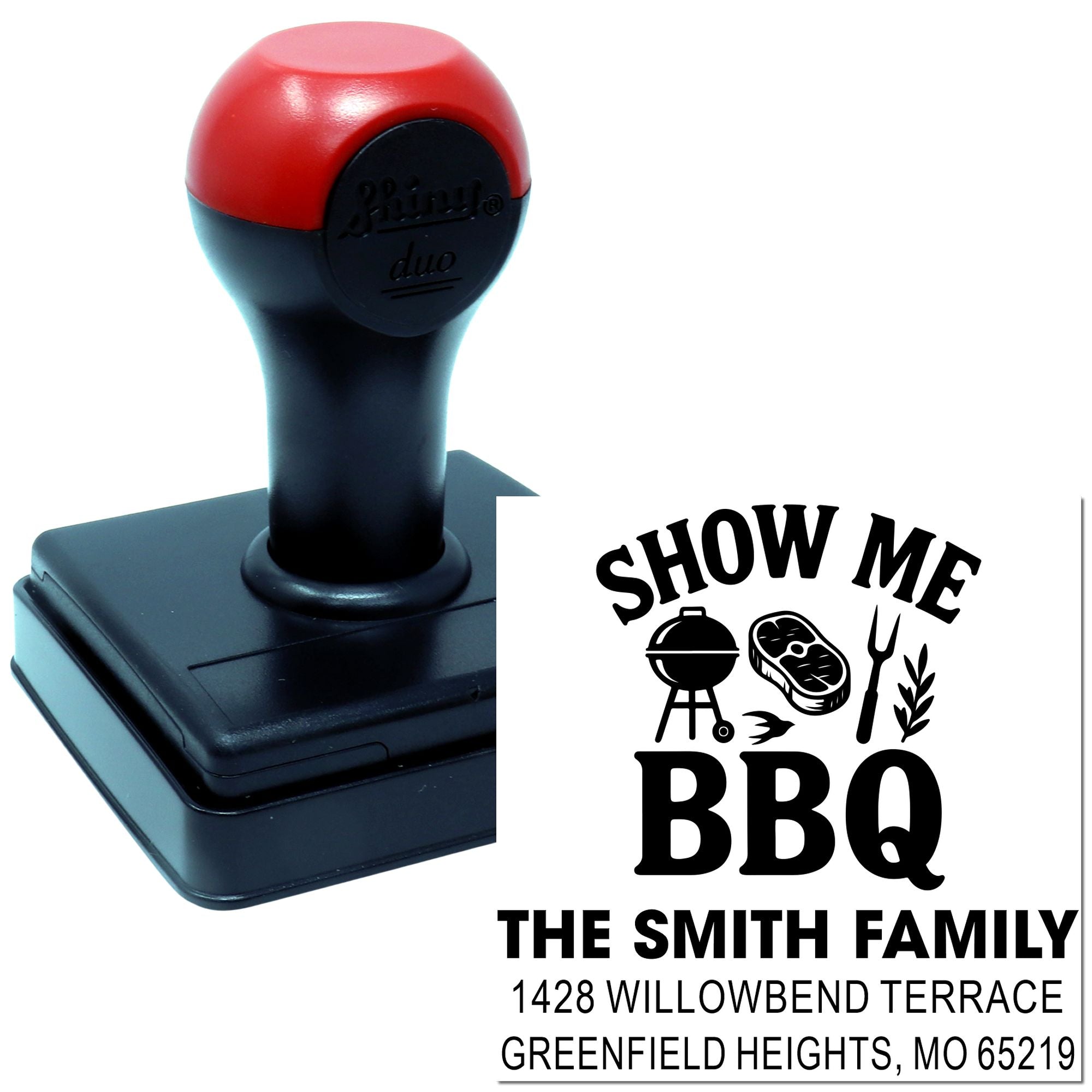 Custom self-inking rubber stamp with BBQ family name and address design for personalized mail, invitations, or gift labeling.