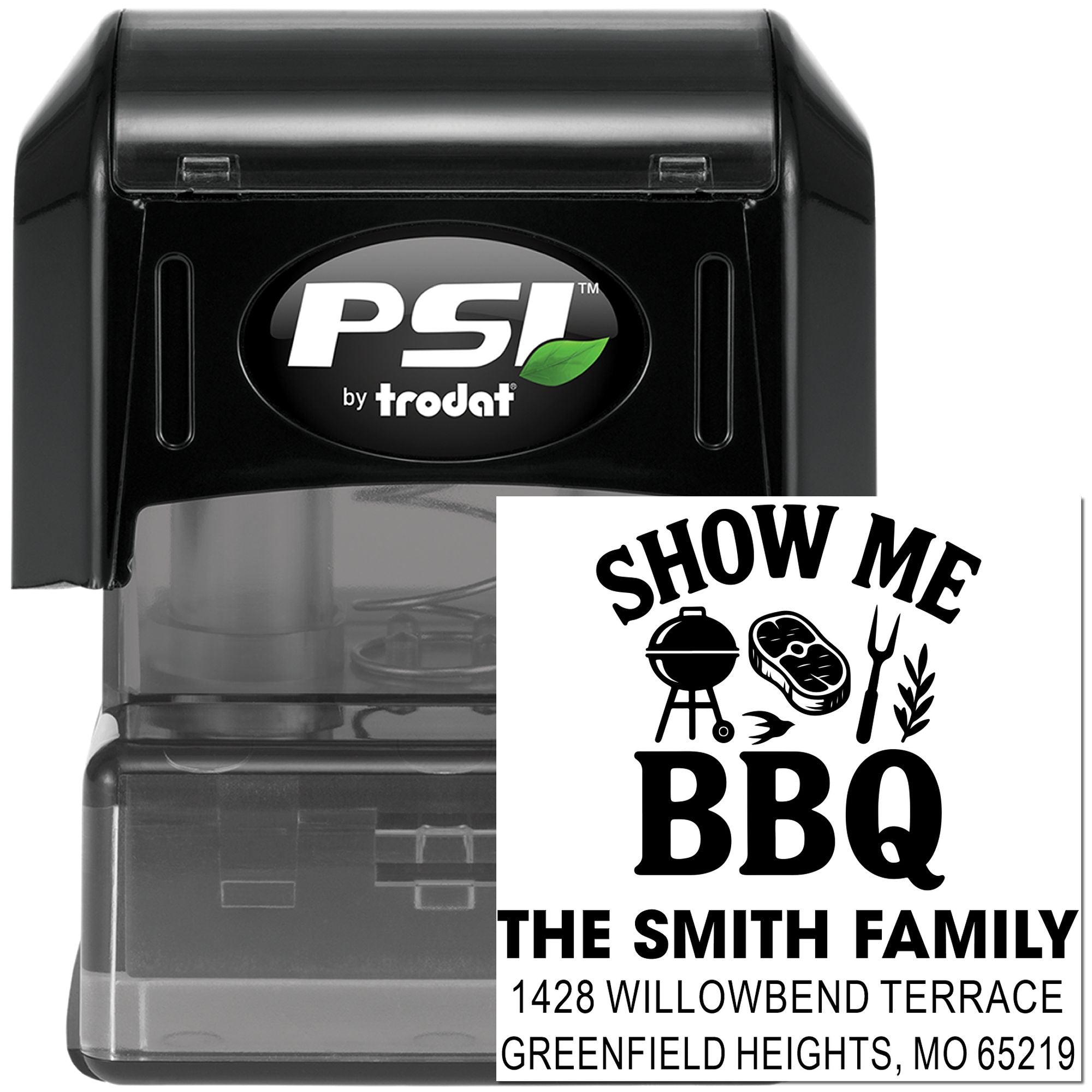 PSI by Trodat self-inking custom BBQ address rubber stamp with family name, grilling design and home address