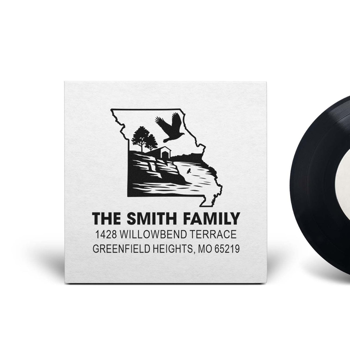 Custom Missouri family address rubber stamp with state outline, Smith family name, and Greenfield Heights, MO return address.