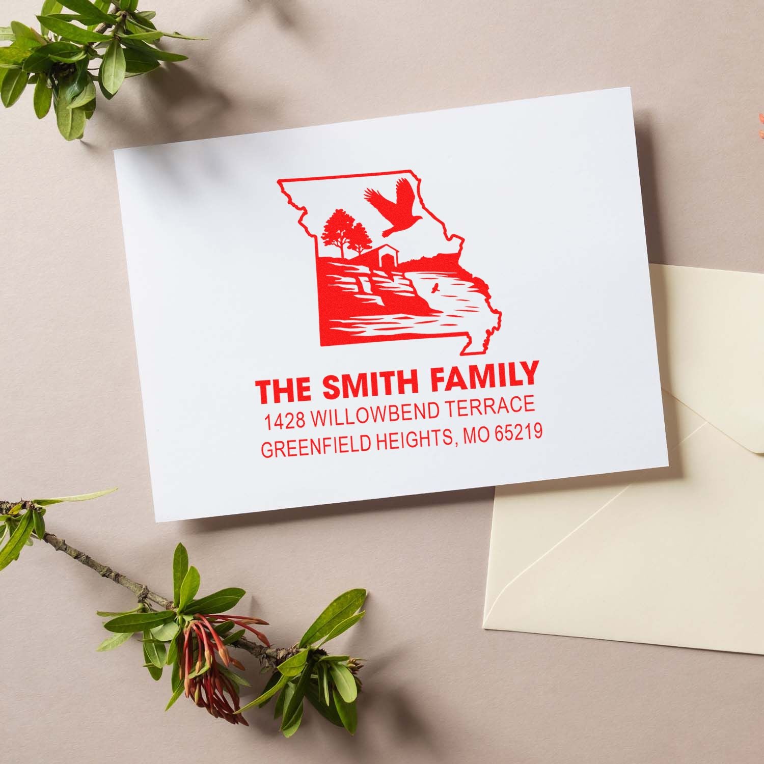 Custom personalized Missouri family address rubber stamp with state outline, nature scene, and Smith family return address.