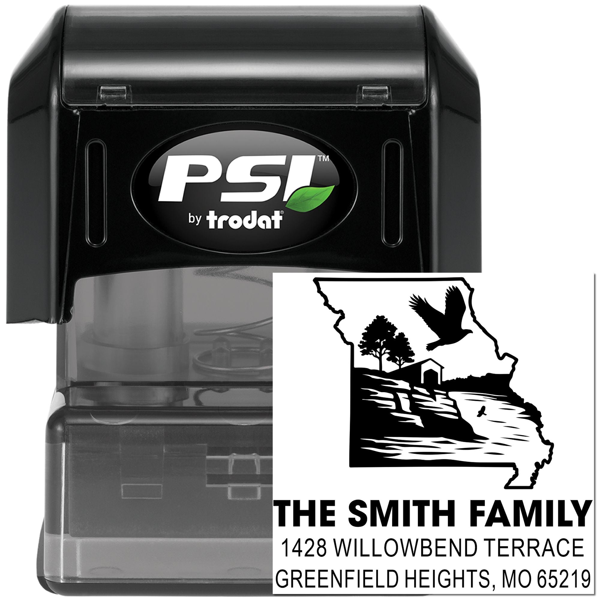 Custom self-inking rubber stamp by PSI Trodat with personalized Missouri family return address design for mailing.