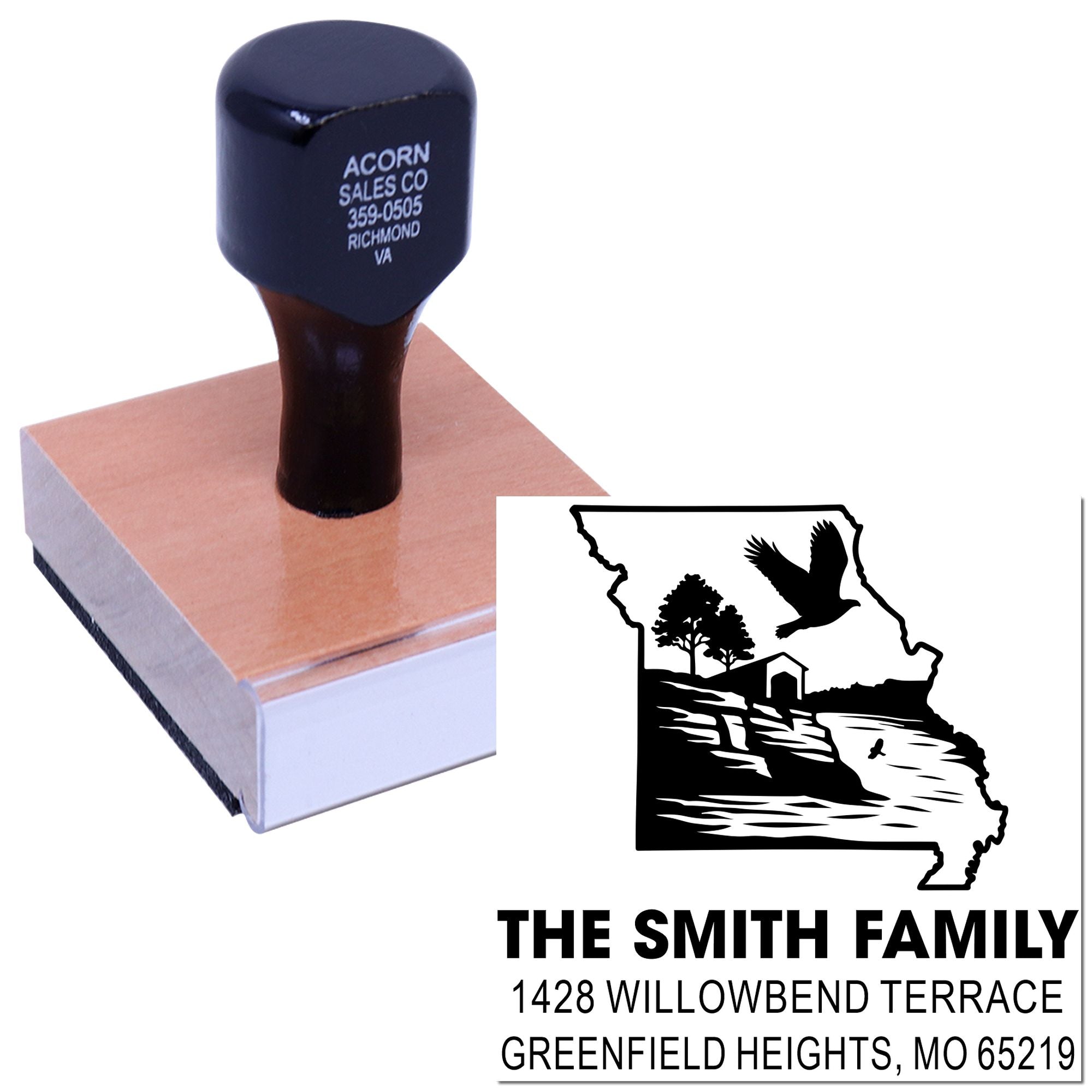 Custom address rubber stamp with Missouri family design and personalized mailing imprint for home use