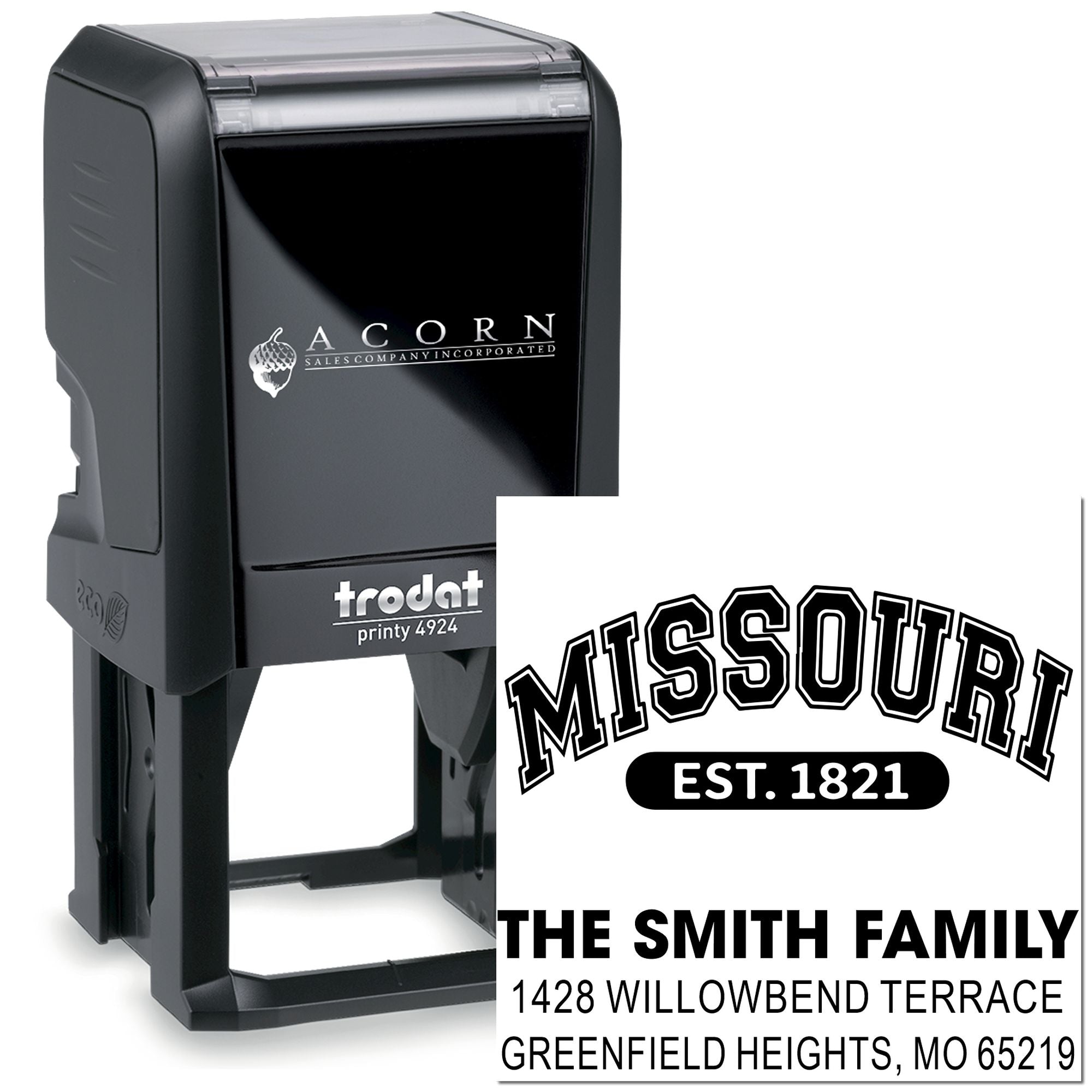 Custom self-inking rubber stamp, Trodat Printy 4924, with Missouri family return address design and personalized address text.