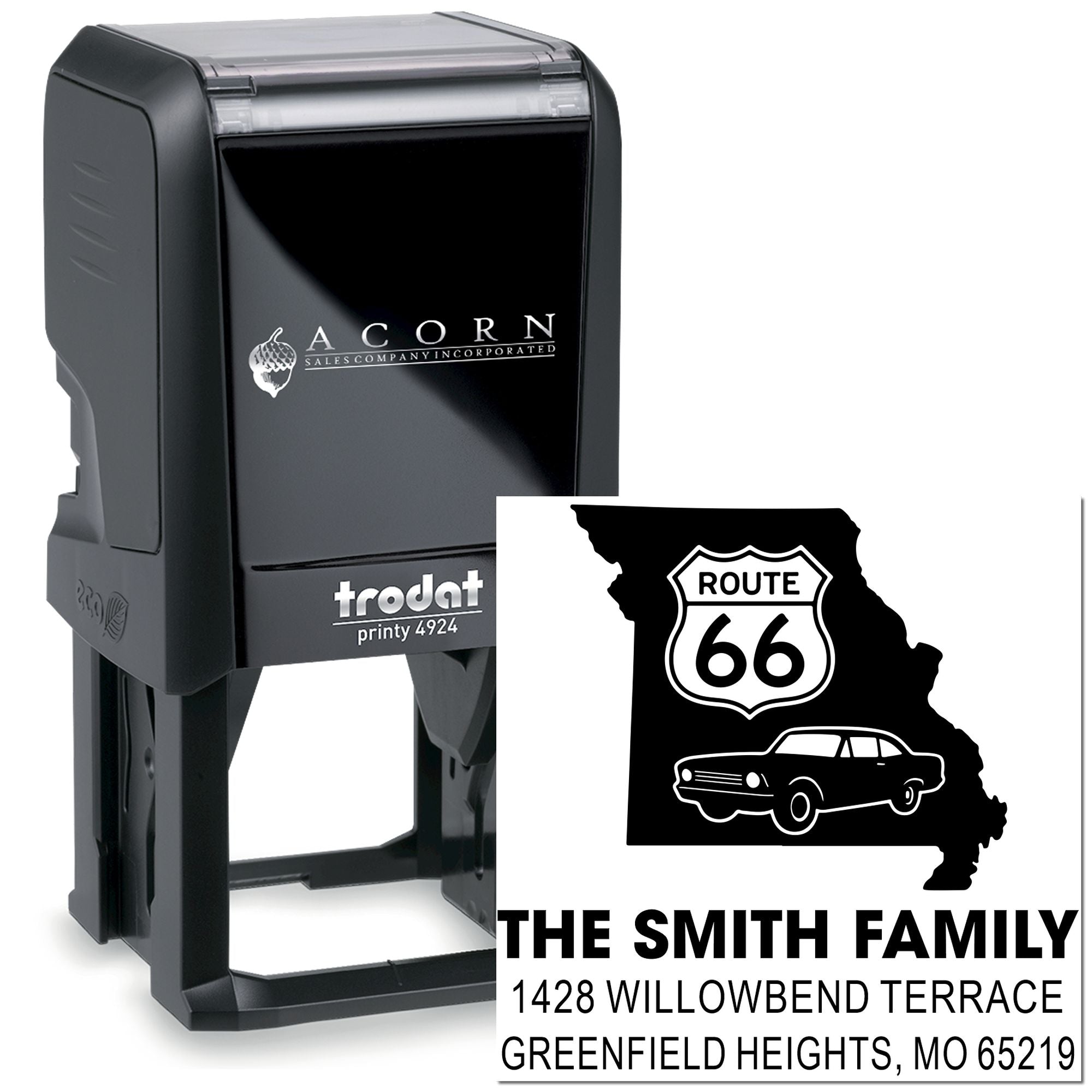 Trodat self-inking rubber stamp with custom Route 66 Missouri family address design for personalized mailing.