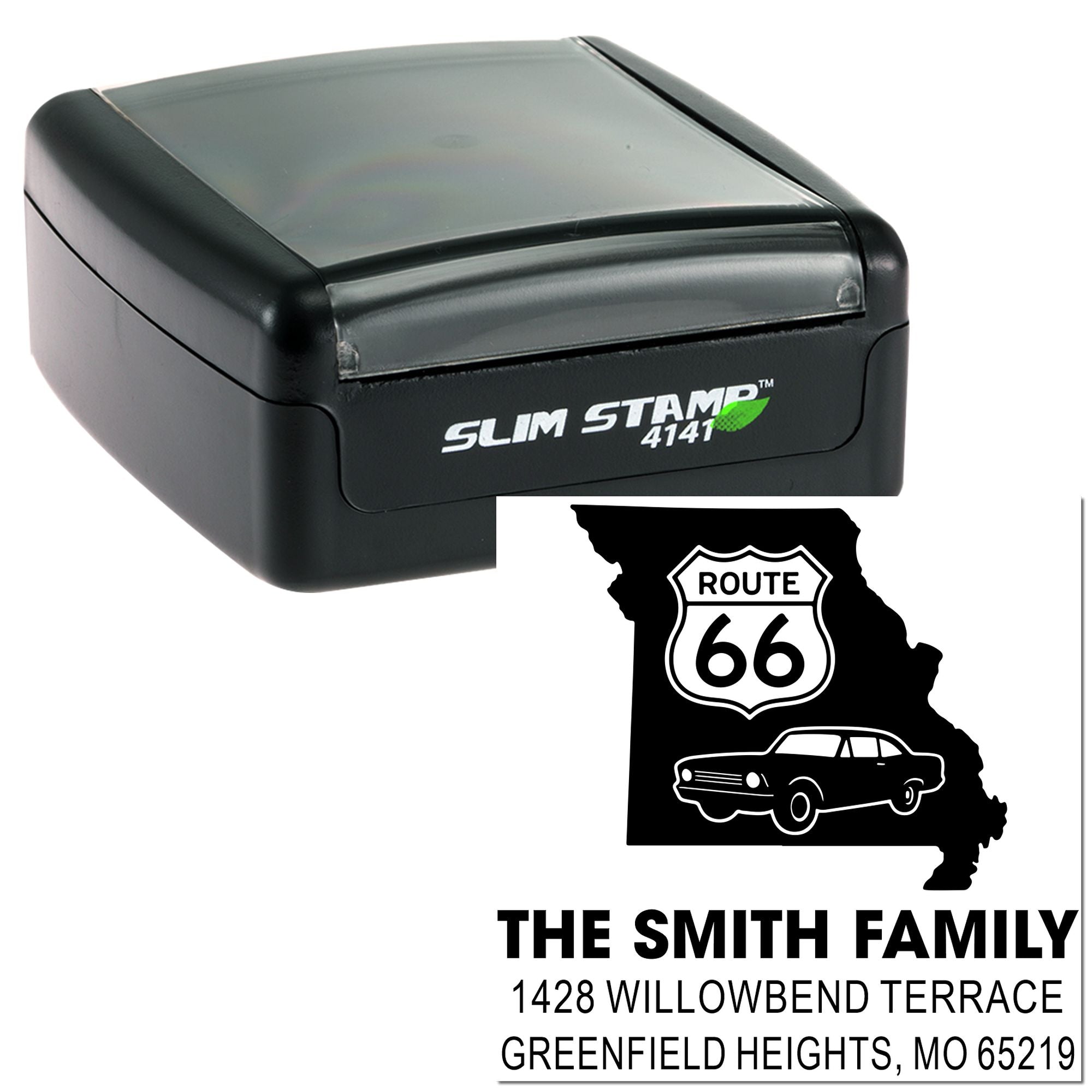 Slim Stamp 4141 self-inking custom rubber address stamp with Route 66 Missouri family design