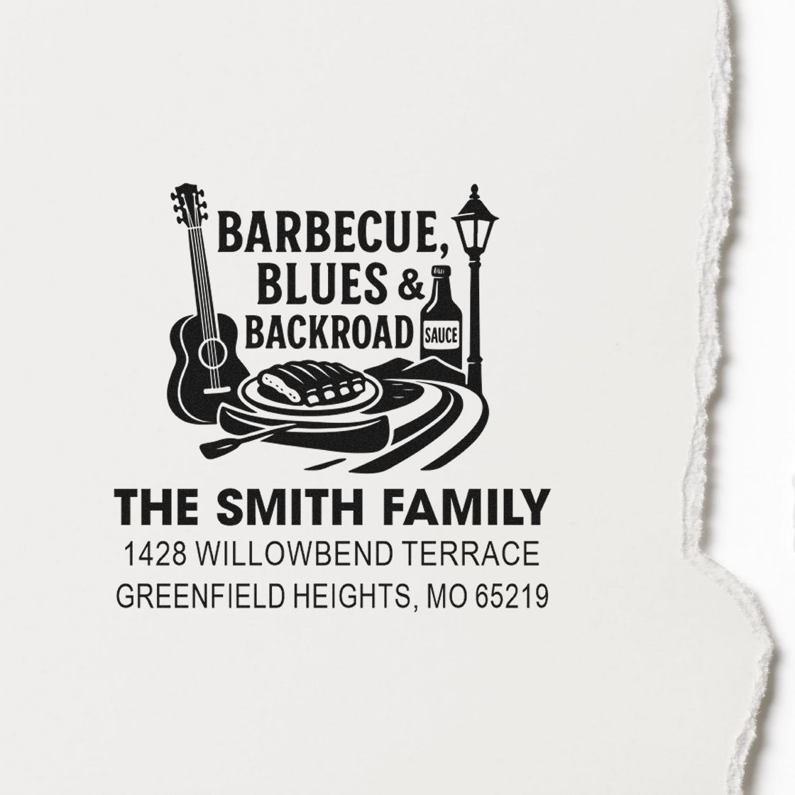 Custom rubber address stamp for The Smith Family with barbecue, blues and backroad design, Greenfield Heights, MO 65219.