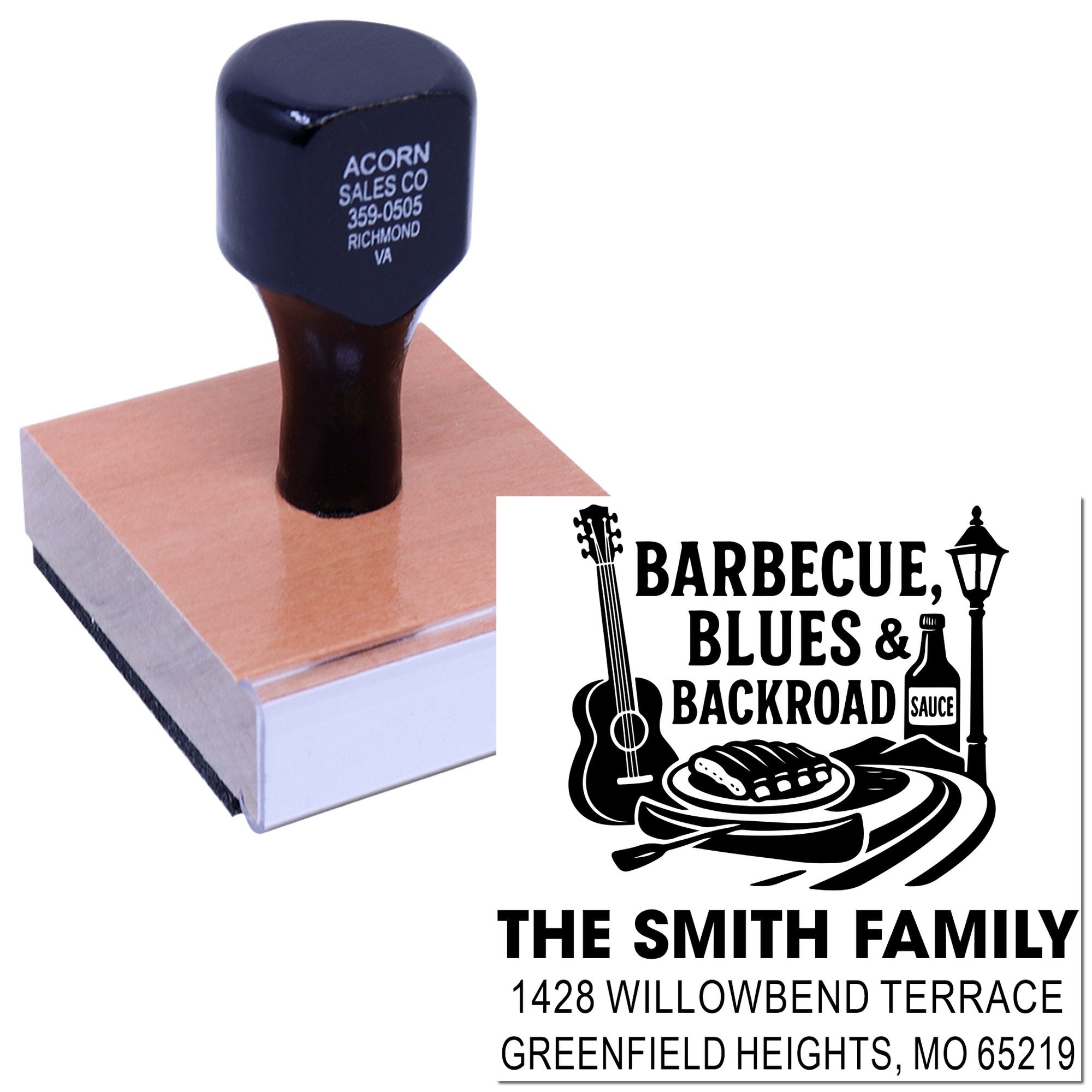 Custom rubber stamp with BBQ, Blues & Backroad design and family address for personalized event branding.