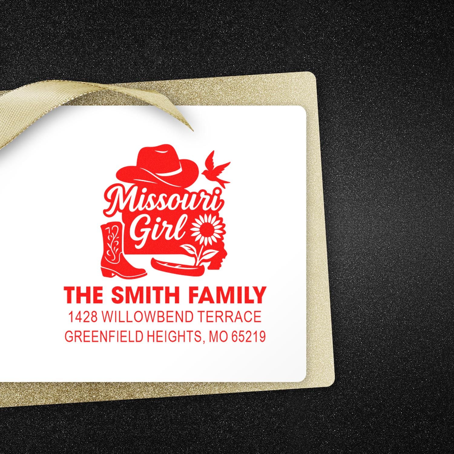 Personalized Missouri Girl family address rubber stamp with name and Greenfield Heights, MO return address