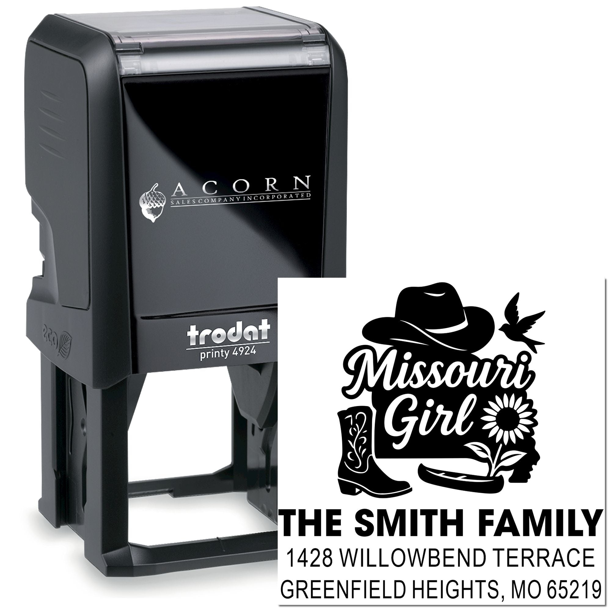 Custom self-inking rubber stamp with Missouri Girl family return address design for personalized mail and address labeling.