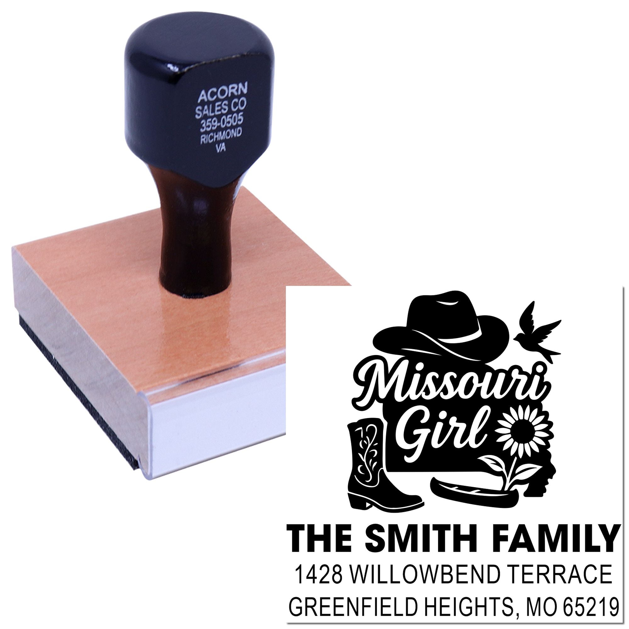 Custom rubber stamp with Missouri Girl family address design, ideal for personalized return address labeling and mailings.