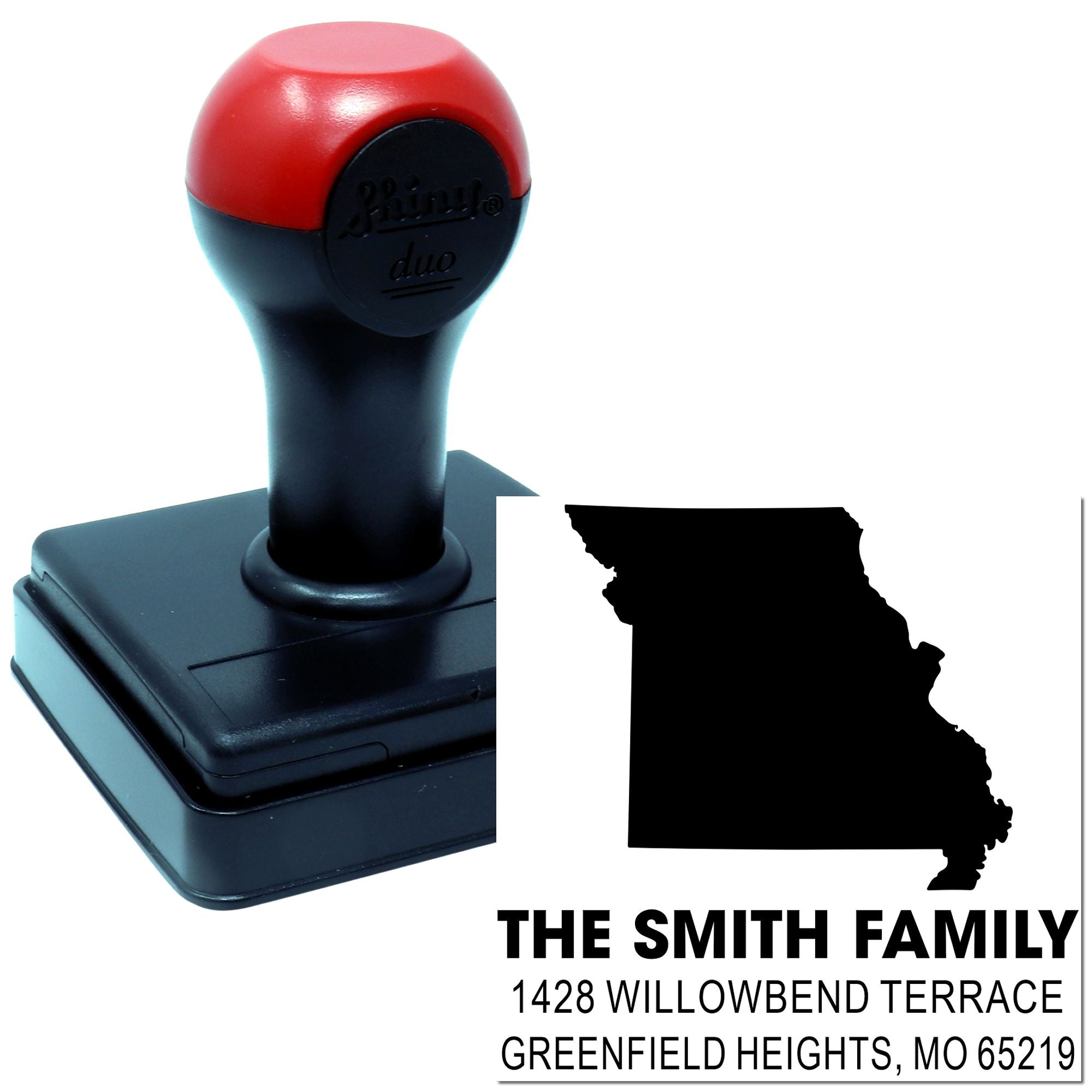 Custom self-inking rubber address stamp with Missouri state silhouette for The Smith Family, Greenfield Heights, MO 65219.
