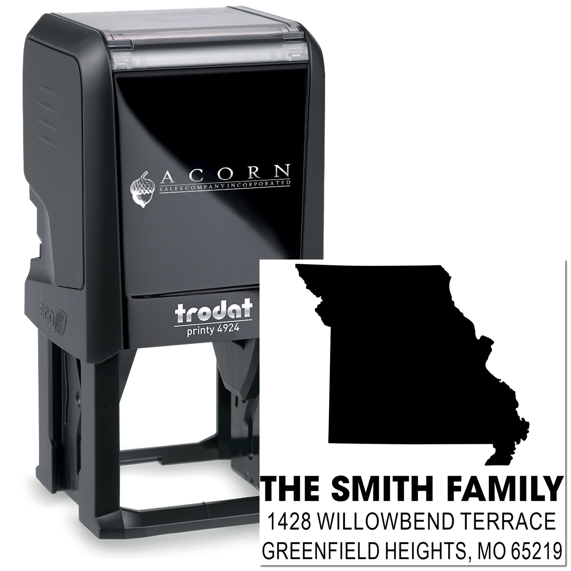 Custom self-inking rubber address stamp with Missouri state outline and The Smith Family return address, Trodat Printy 4924.