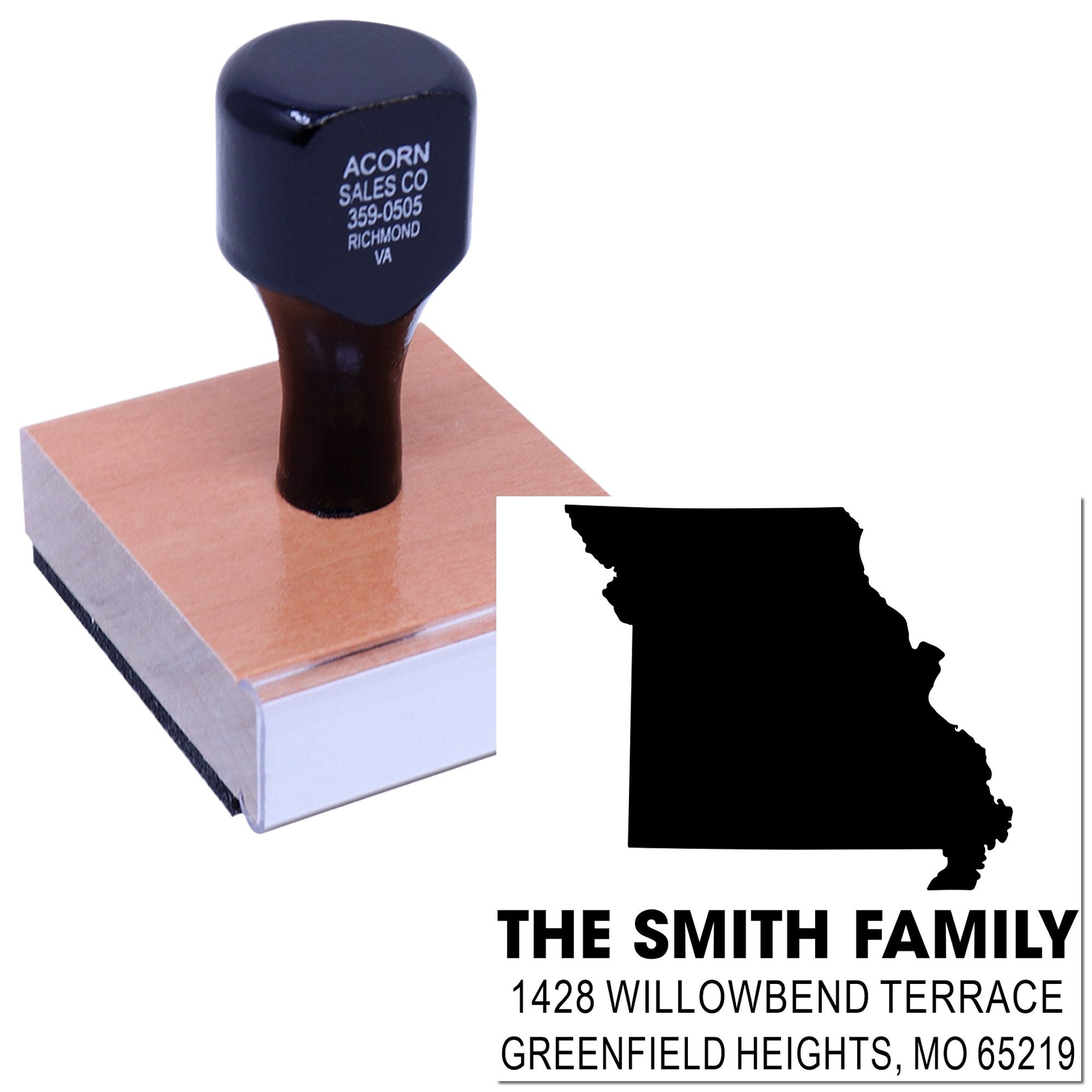 Custom Missouri address rubber stamp with family name, address, and state silhouette for envelopes and stationery.