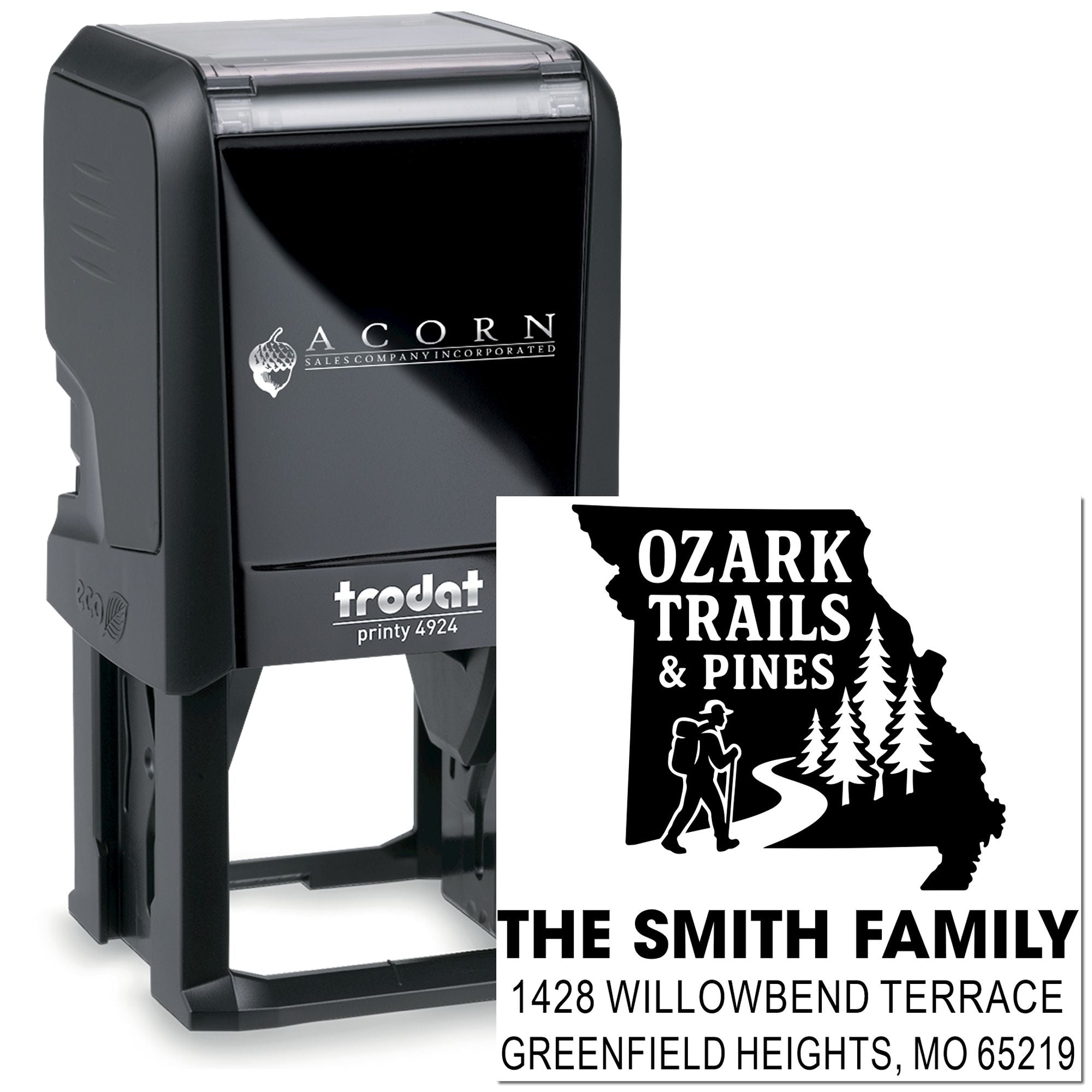 Custom self-inking rubber stamp for personalized address labels, featuring Ozark Trails & Pines logo and Smith family mailing address.