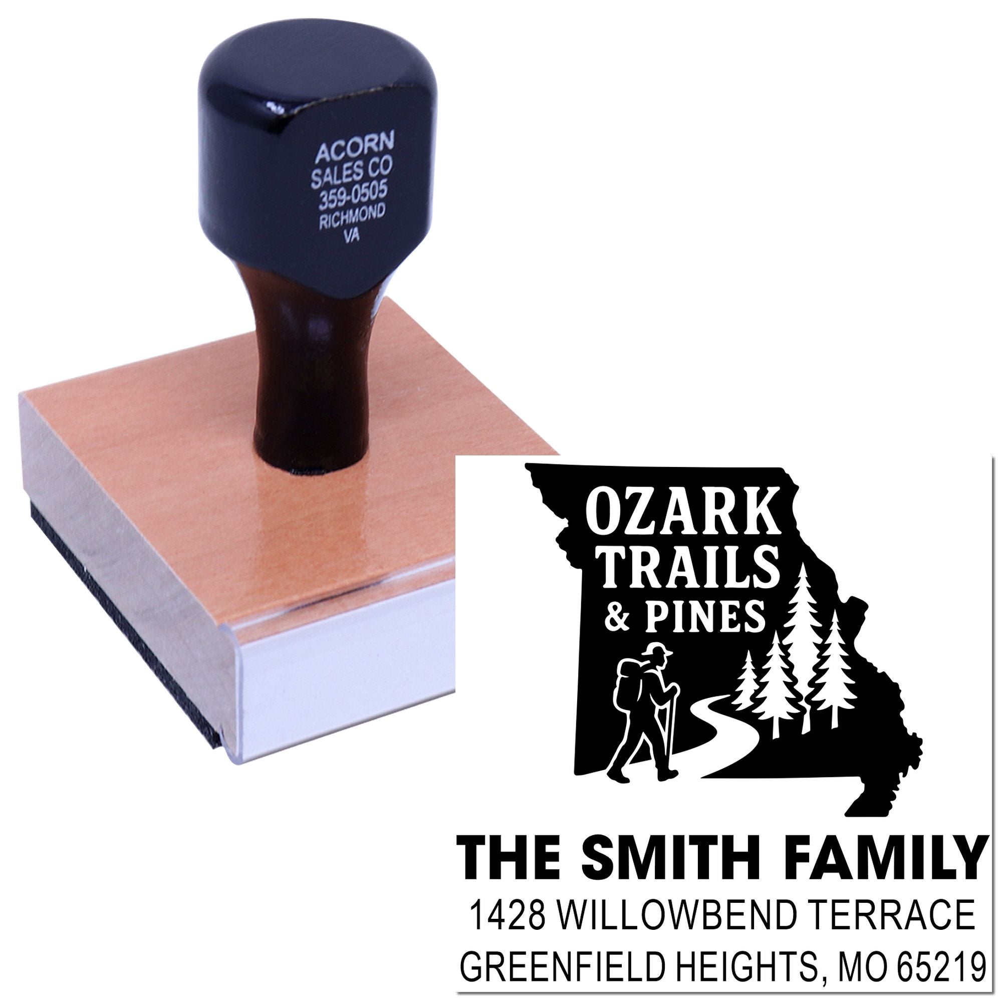 Custom rubber stamp with Ozark Trails & Pines family return address design for mailing and branding.