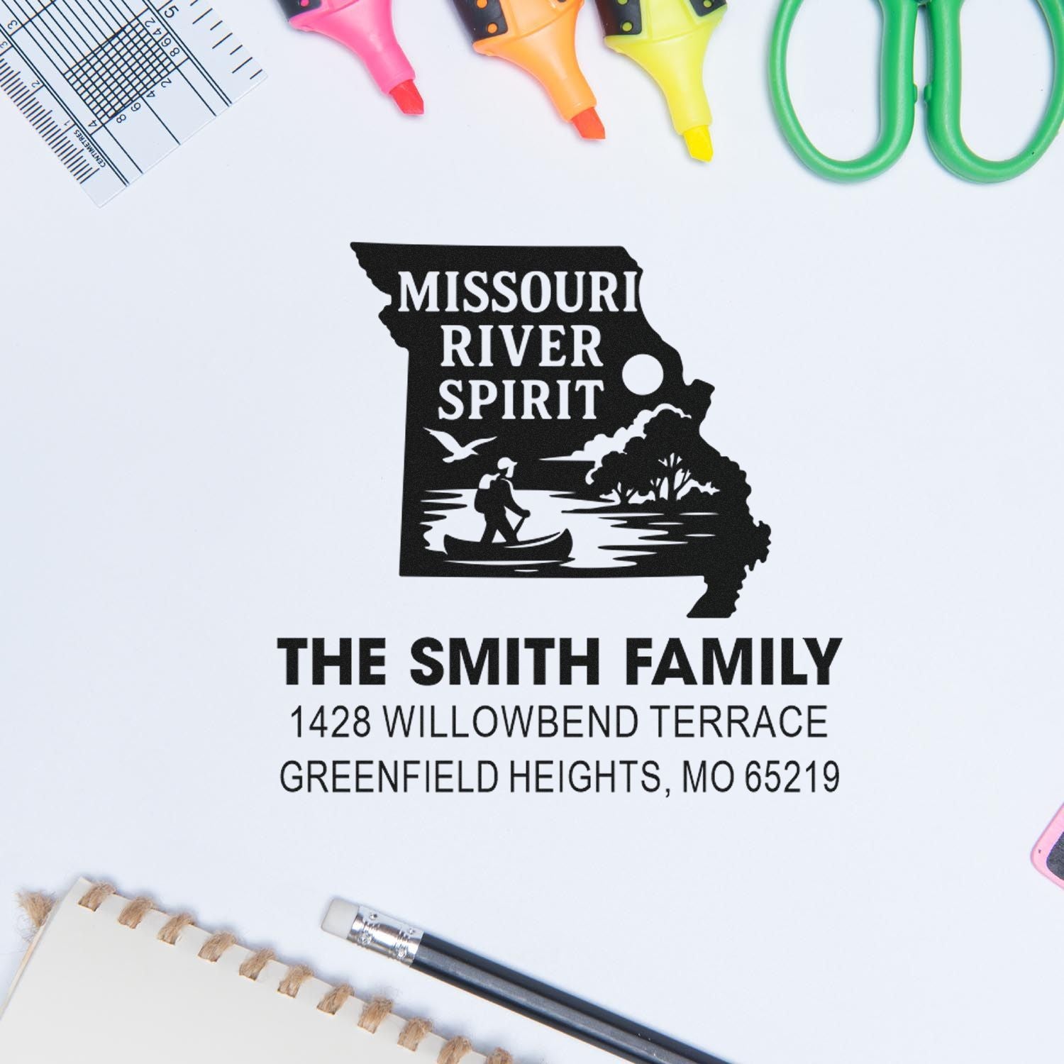 Custom Missouri River Spirit family address rubber stamp with Missouri silhouette and return address