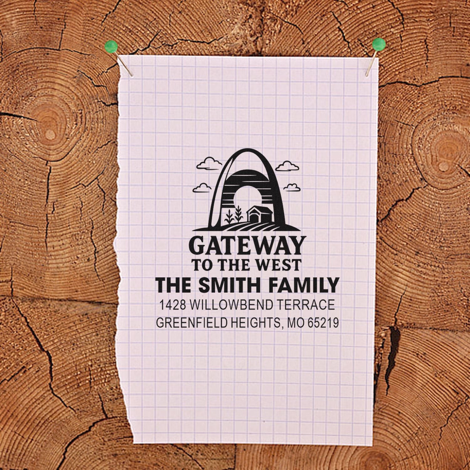 Custom family return address rubber stamp with Gateway to the West design for The Smith Family, Greenfield Heights.
