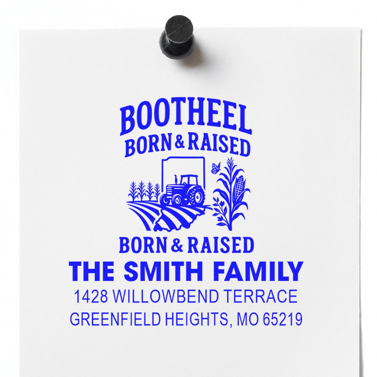 Custom farm family address rubber stamp with tractor and corn design for The Smith Family, Greenfield Heights, MO.