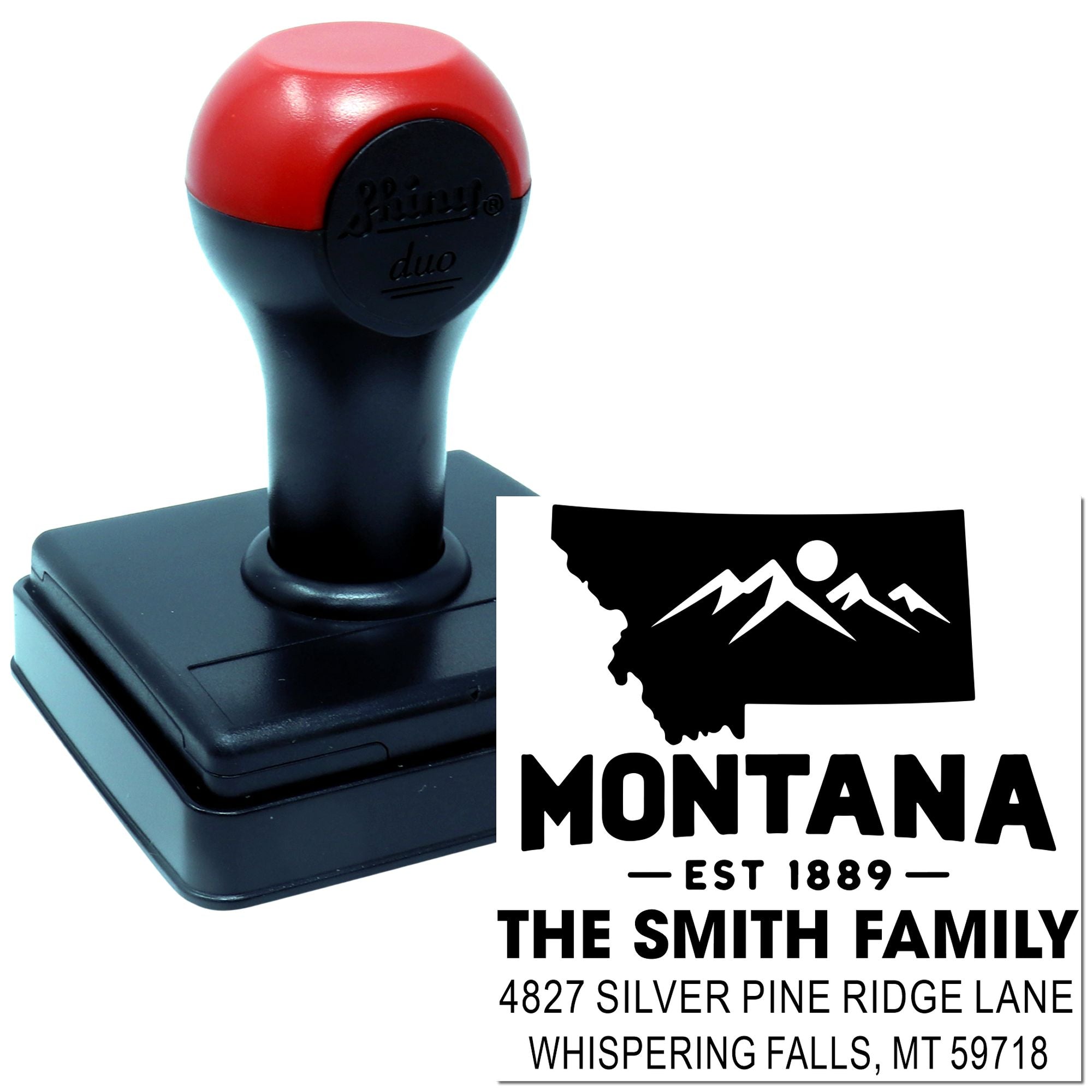 Custom self-inking rubber stamp with Montana family return address for personalized mailing and home branding.