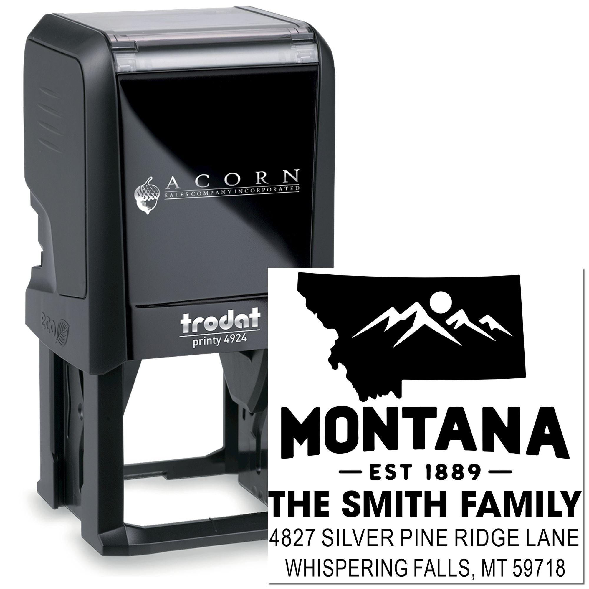 Trodat Printy 4924 custom self-inking rubber stamp with Montana mountain logo, family name, and return address.