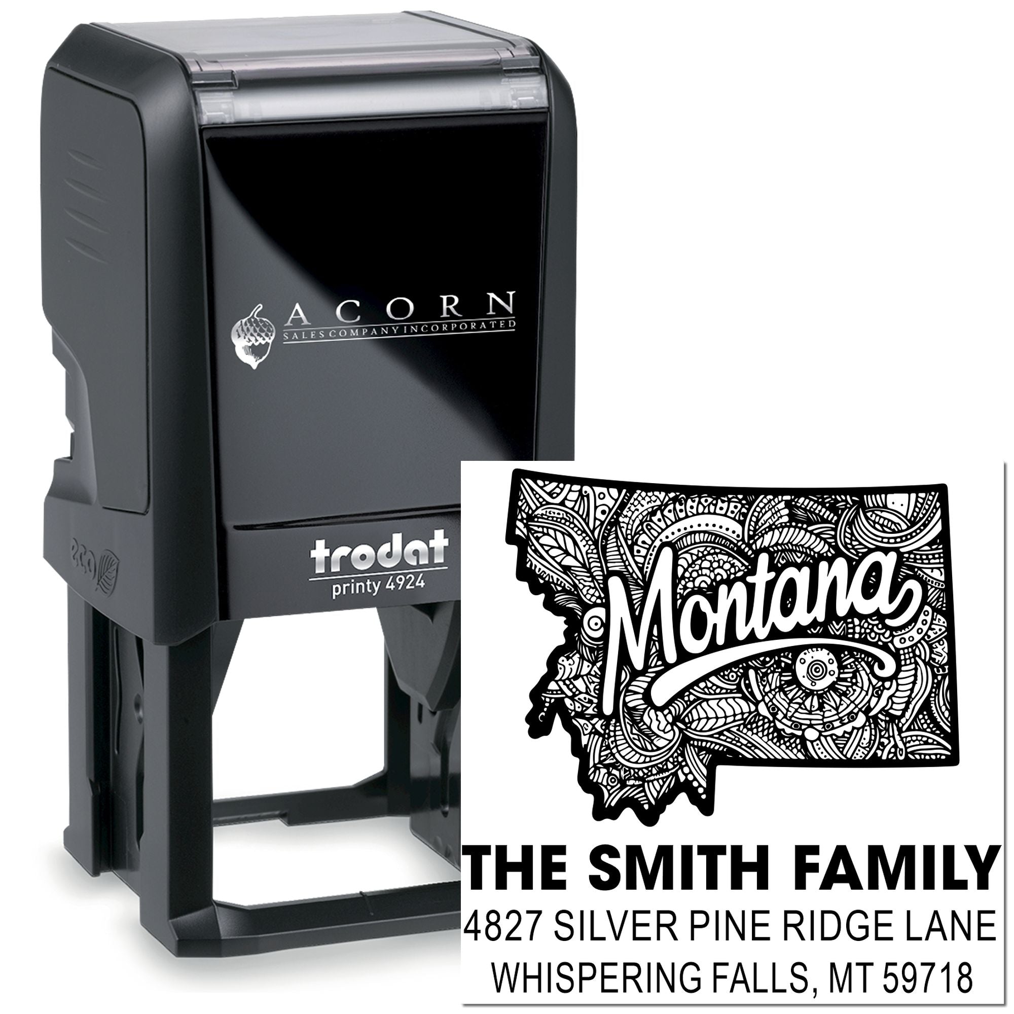 Custom Montana self-inking address rubber stamp with family name and return address for personalized mailings.