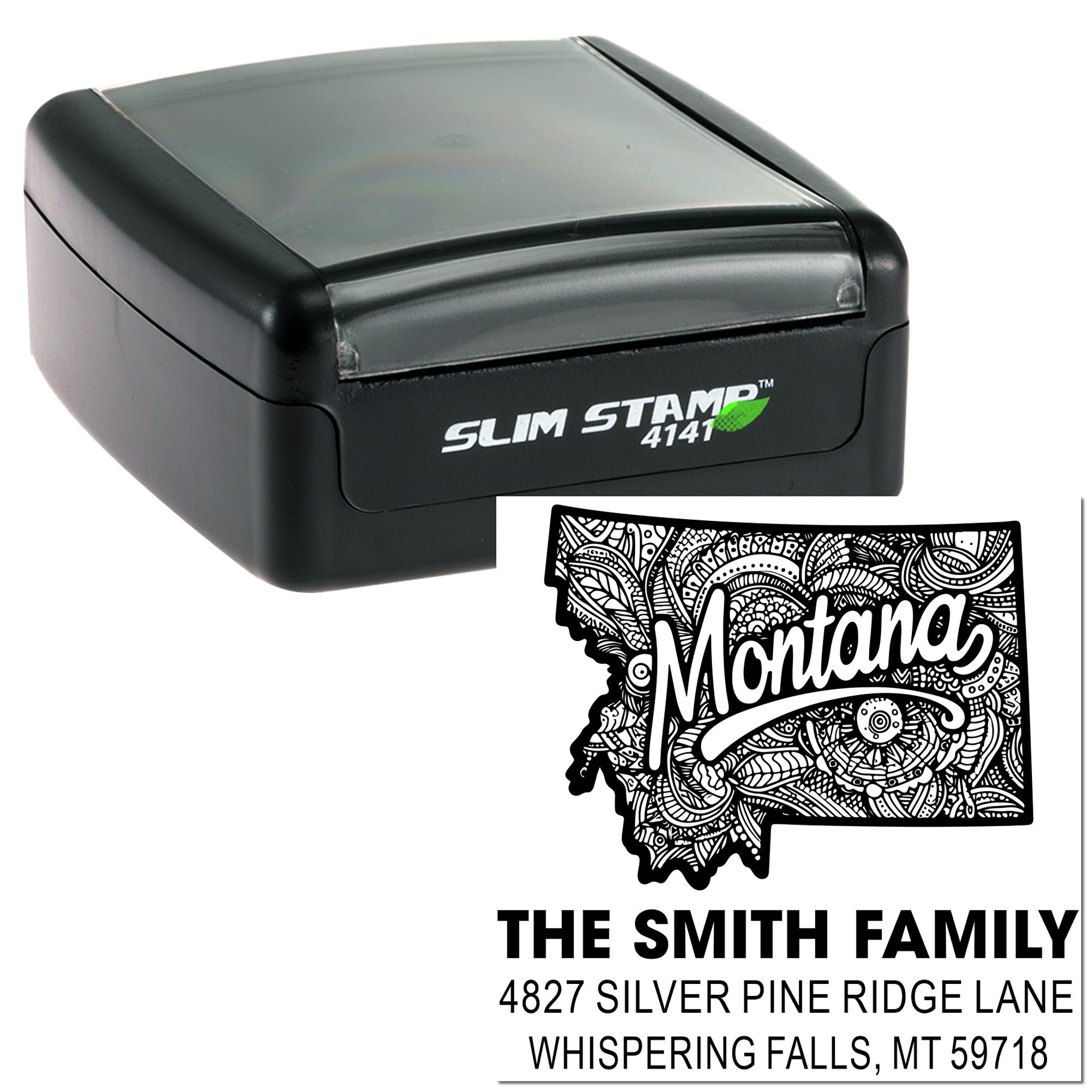 Self-inking custom address rubber stamp with Montana state design for Smith family mailing labels