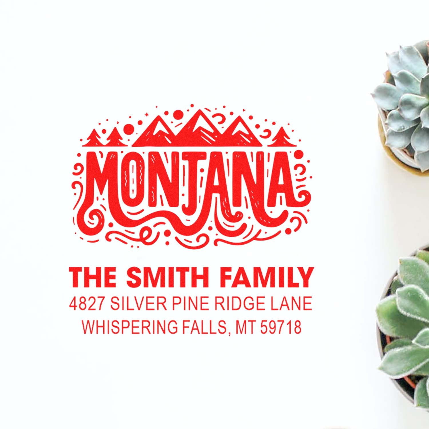 Personalized Montana family address rubber stamp with mountain logo for The Smith Family, Whispering Falls, MT