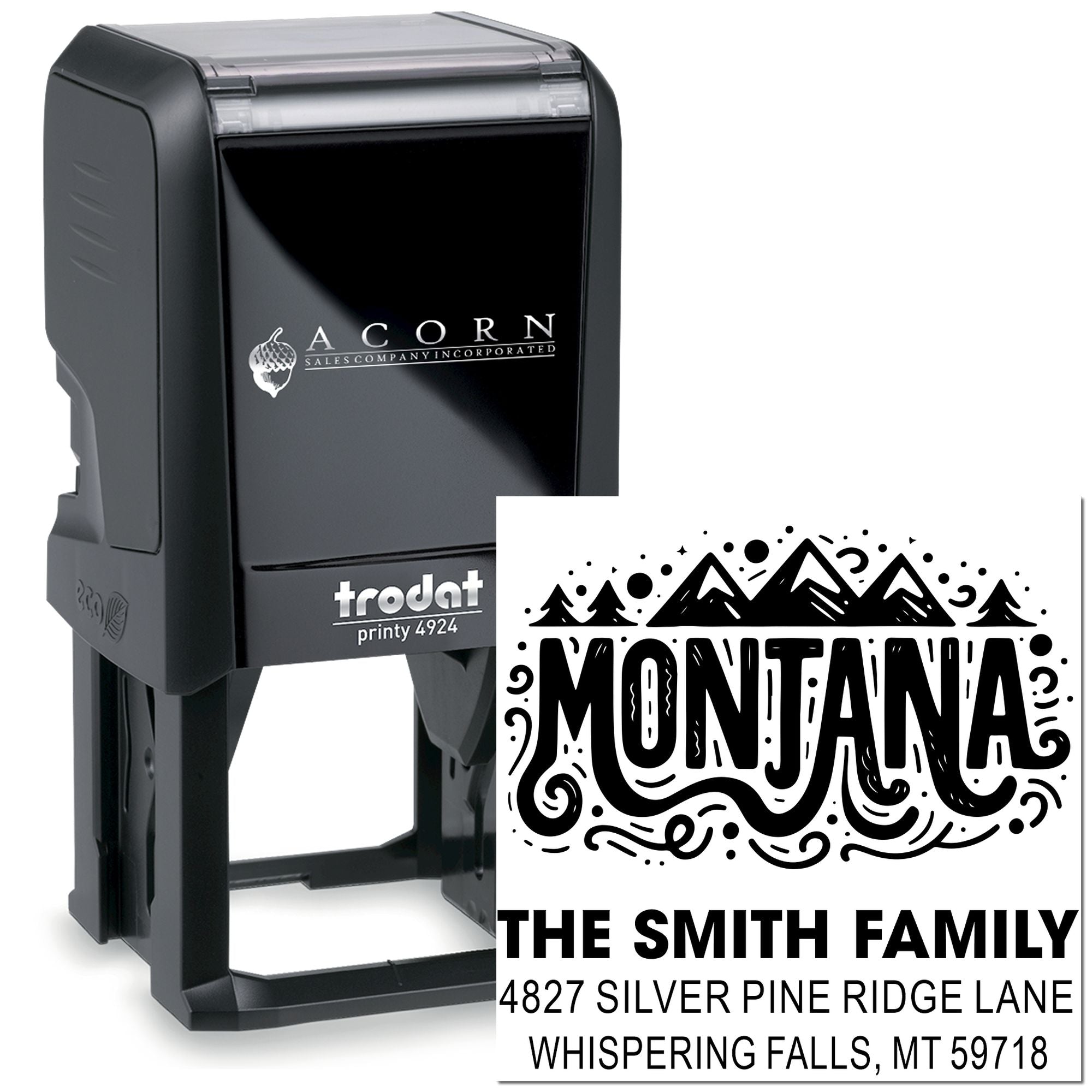 Custom Montana return address self-inking rubber stamp, Trodat Printy 4924, with mountain design for The Smith Family.