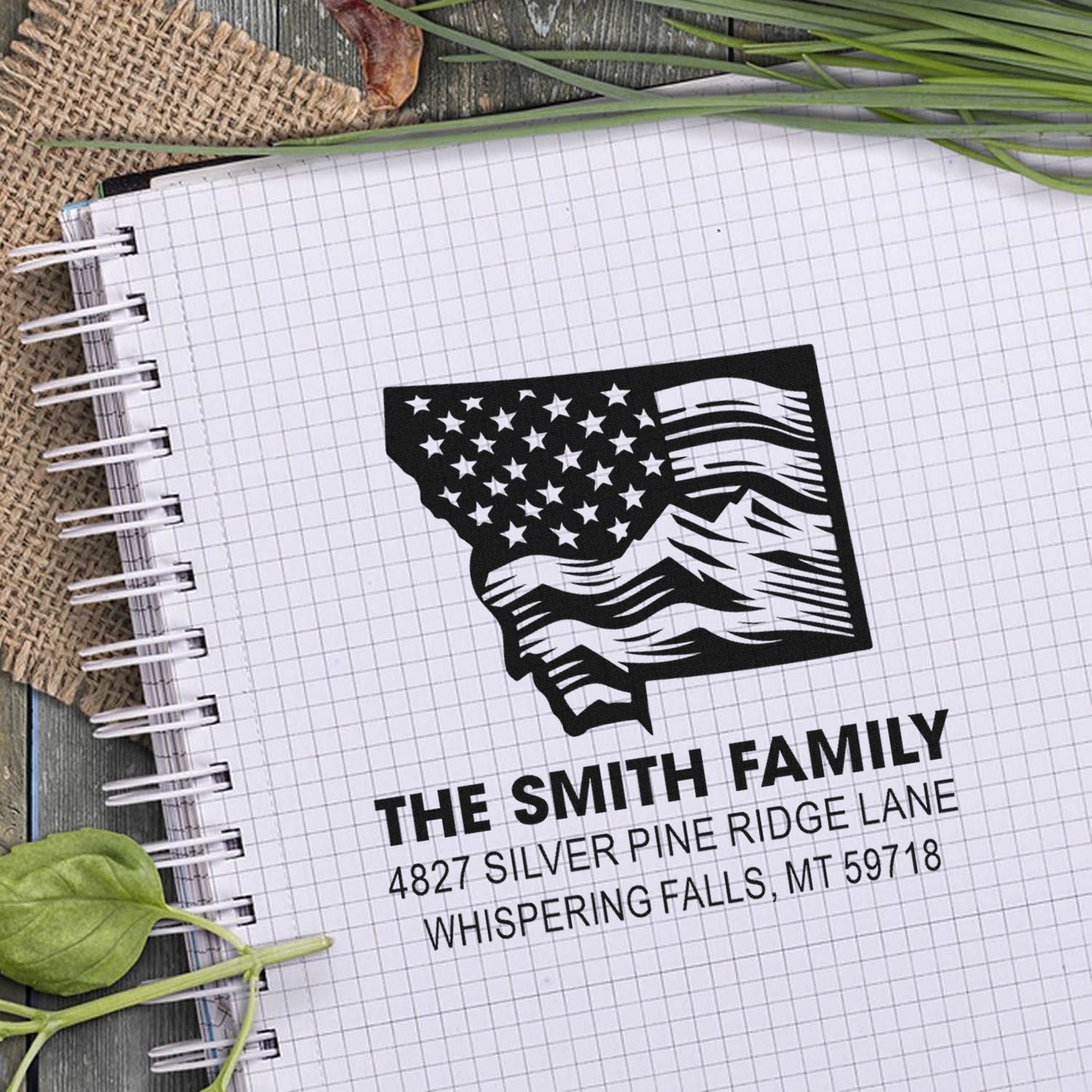 Custom family return address rubber stamp with Montana flag design for envelopes, mail, and personalized stationery.