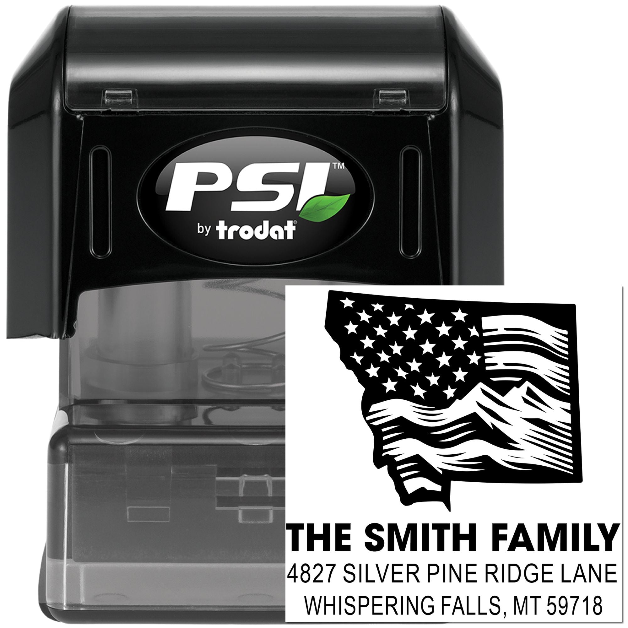 PSI by Trodat personalized self-inking return address rubber stamp with Montana flag design for envelopes.