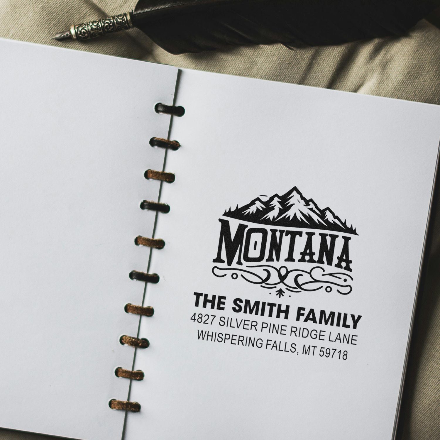 Custom return address rubber stamp with Montana mountain logo for personalized stationery, envelopes and family mail.