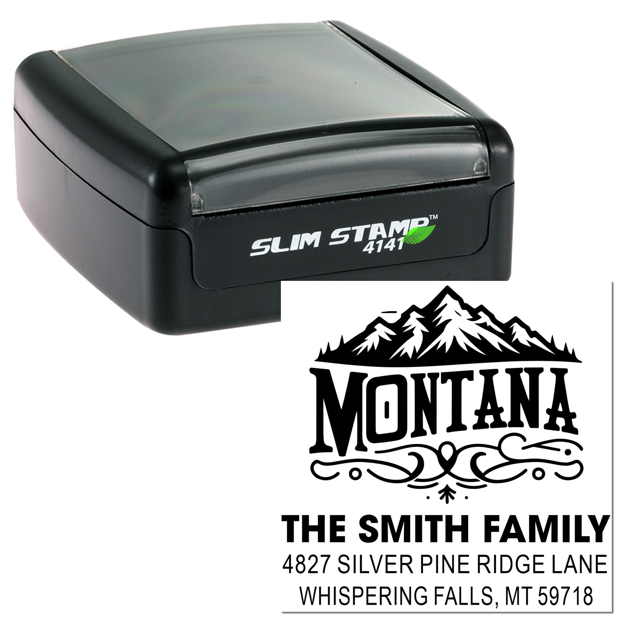 Slim Stamp 4141 custom Montana return address rubber stamp with mountain logo for personalized family mailings.