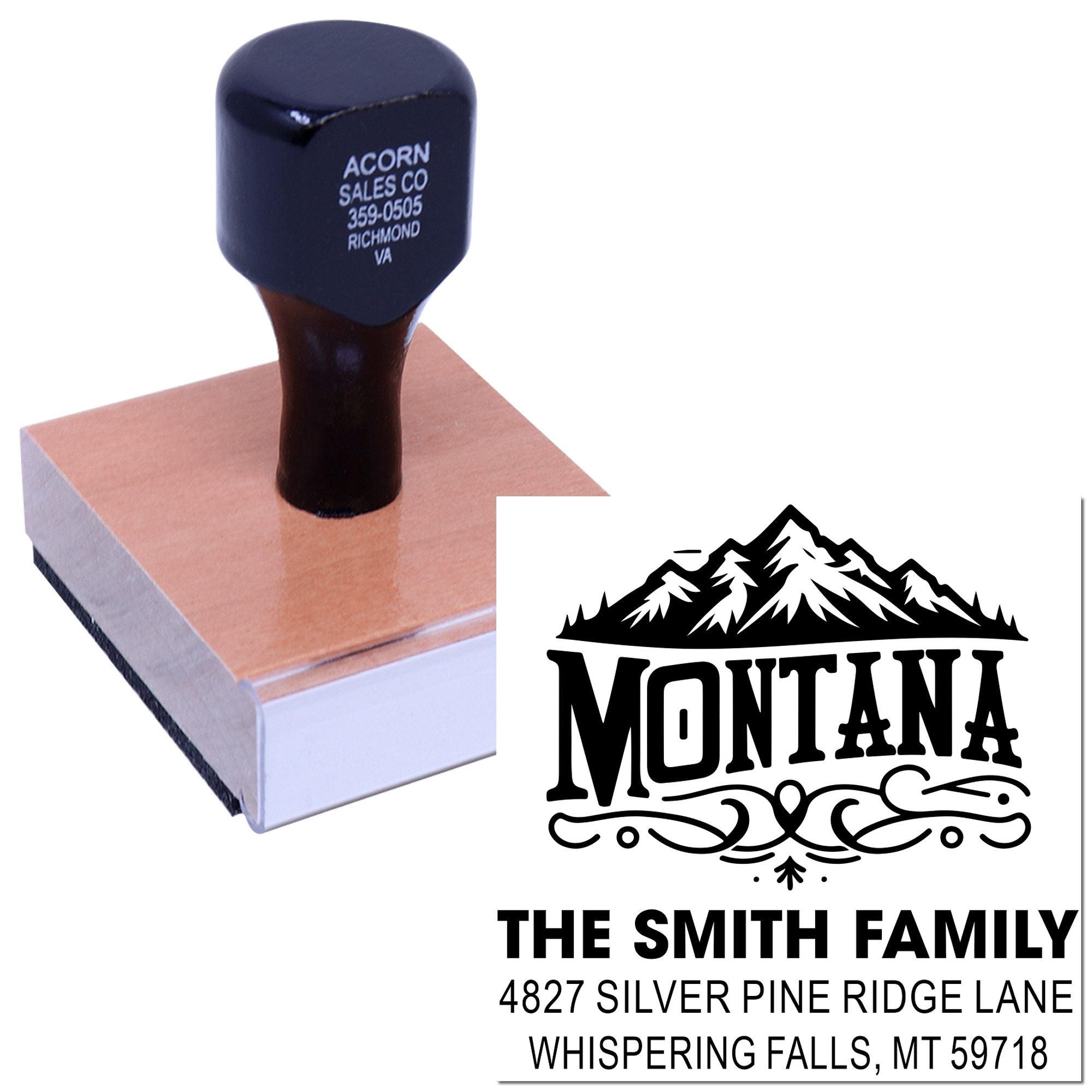 Personalized rubber address stamp with Montana mountain logo and Smith family return address imprint