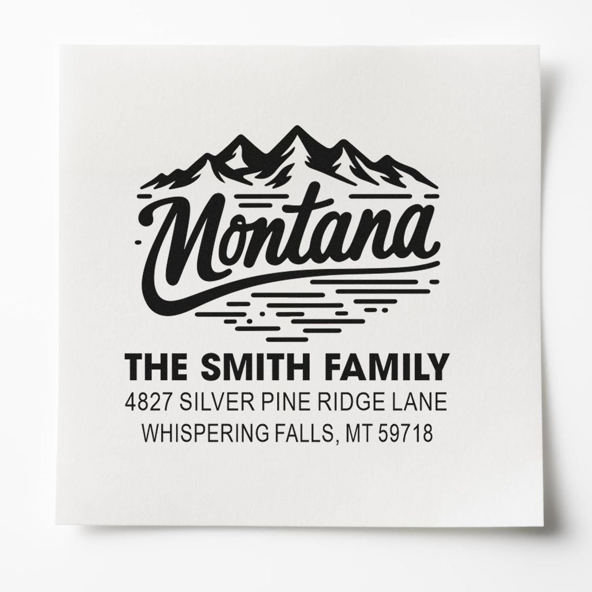 Custom Montana family return address rubber stamp with mountain design, The Smith Family name, and personalized address.