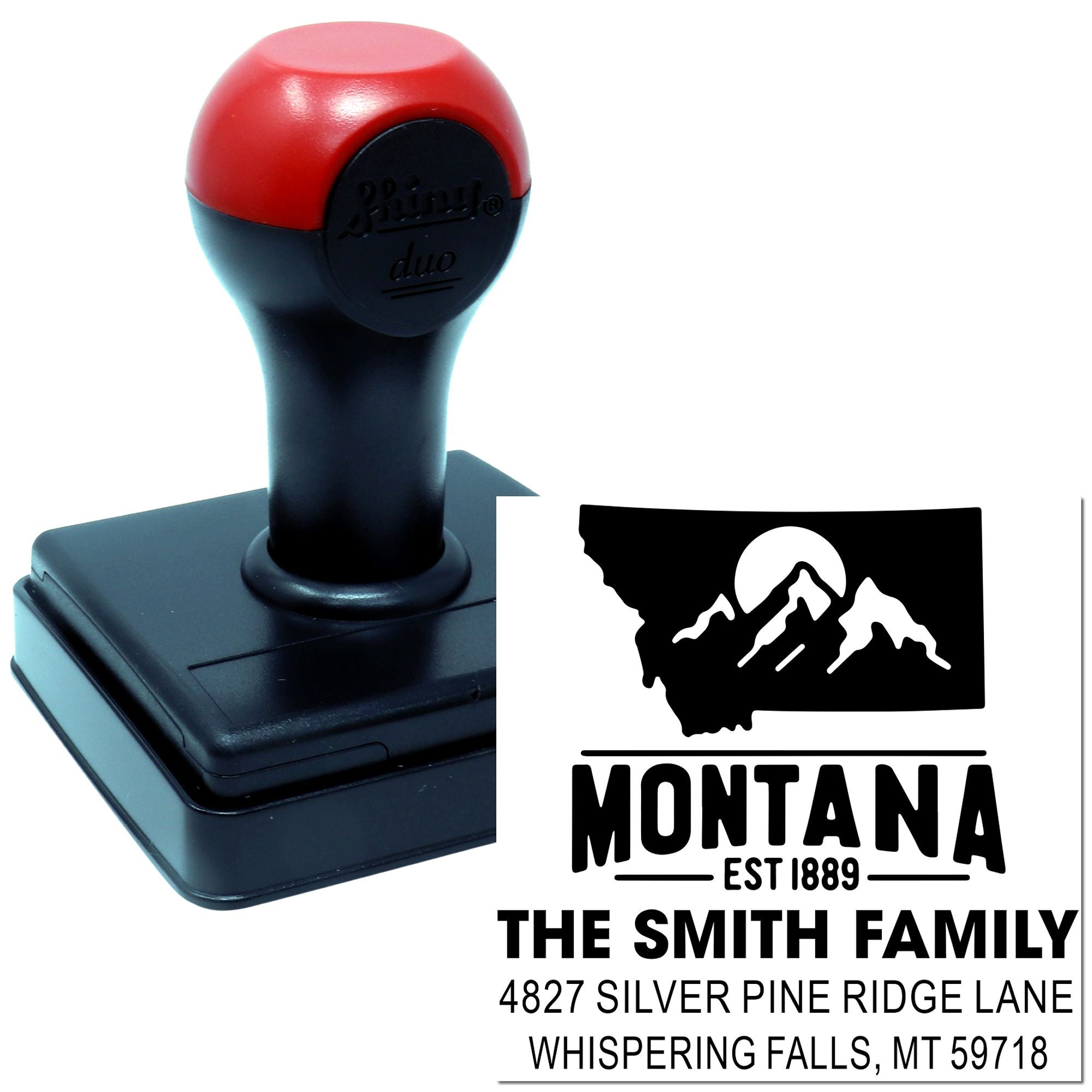 Custom Montana self-inking rubber address stamp for The Smith Family with mountain logo and return address.