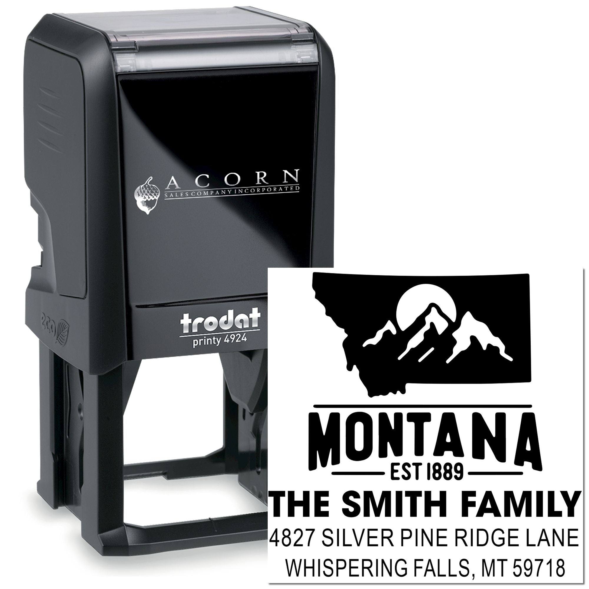 Custom self-inking rubber stamp with Montana family return address design for personalized mailing and branding.
