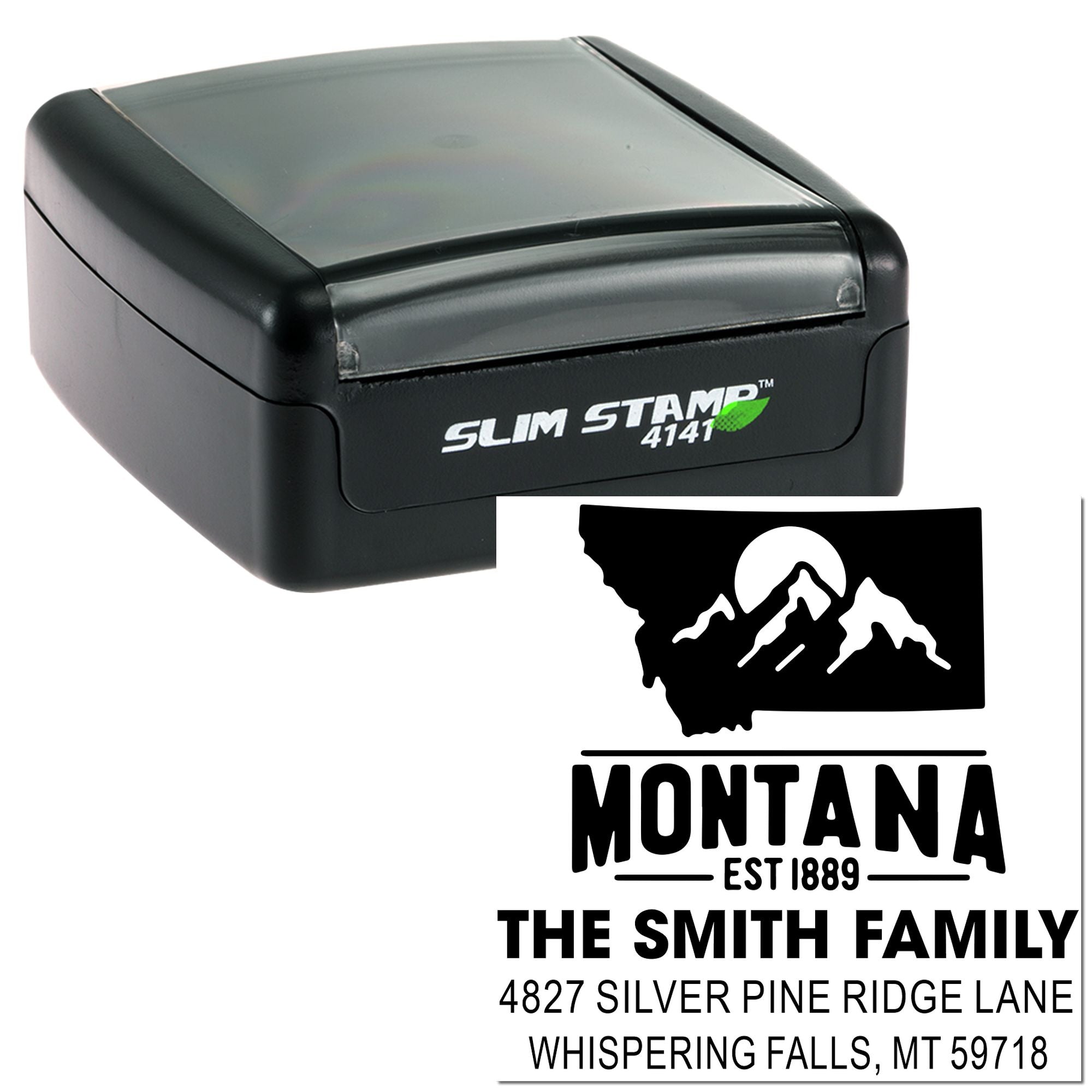 Custom Montana return address rubber stamp with Slim Stamp 4141 for The Smith Family, featuring a mountain design and address imprint.