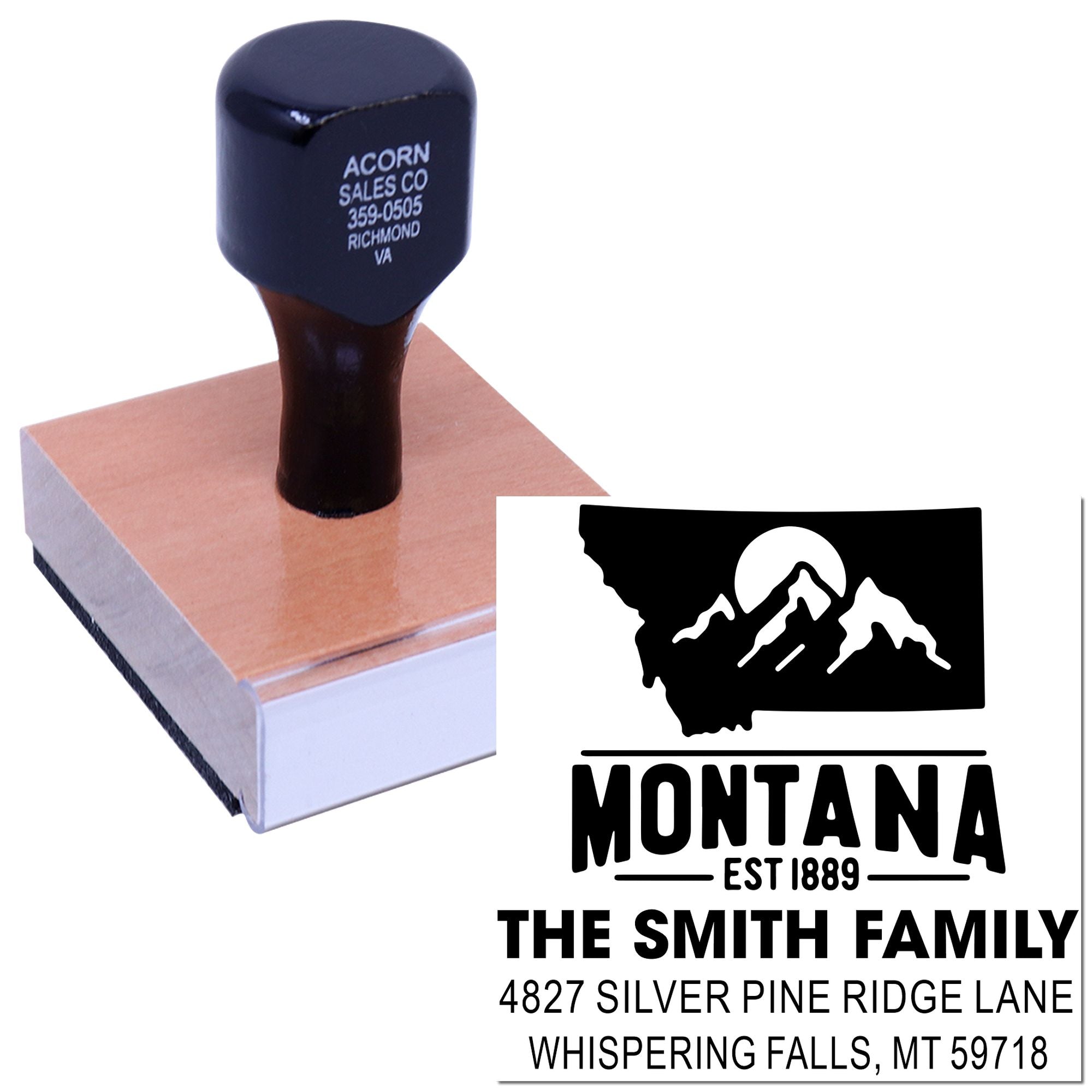 Custom Montana address rubber stamp with mountain logo, family name, and return address for personalized mailing.