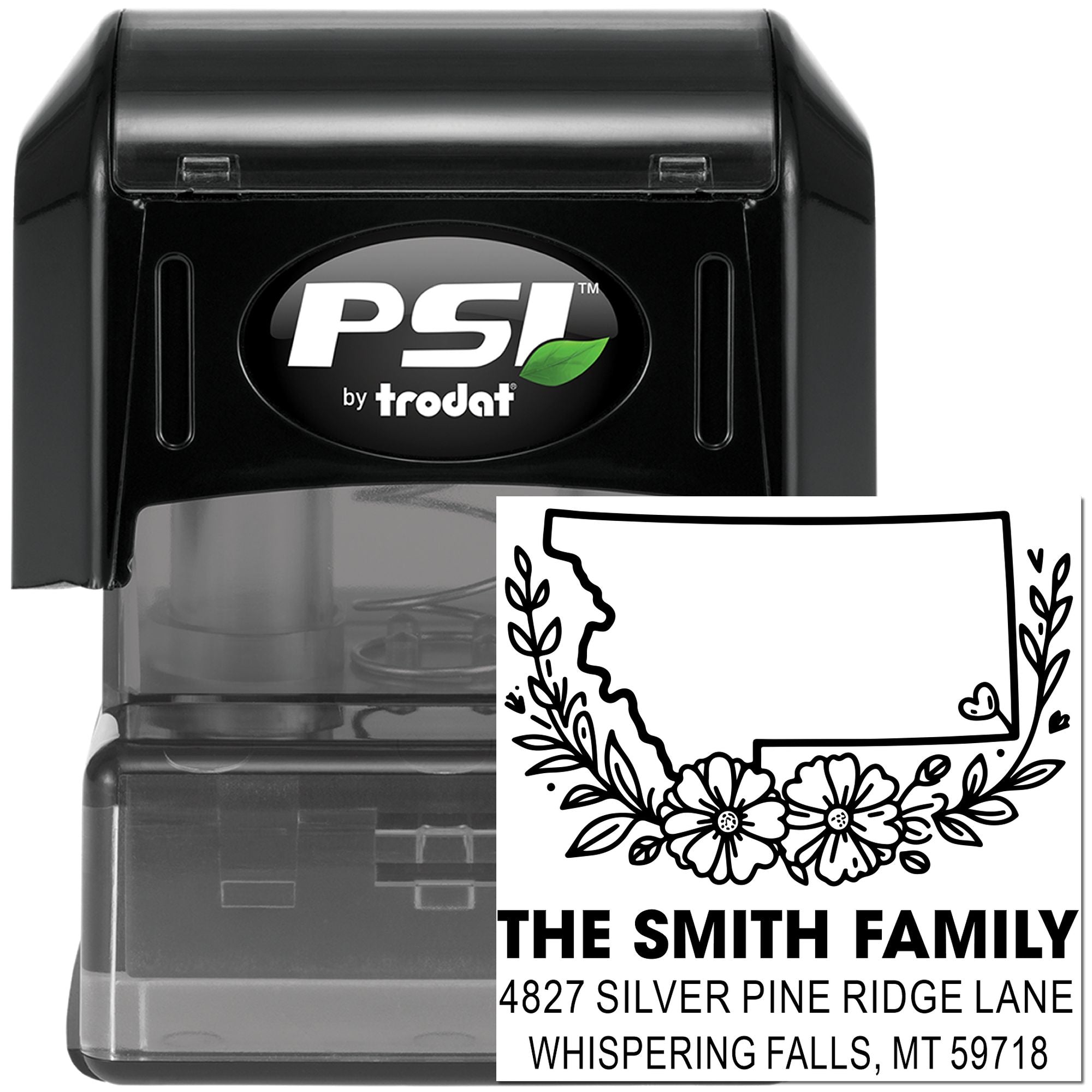 Personalized address rubber stamp by PSI by Trodat with floral state outline and family name design