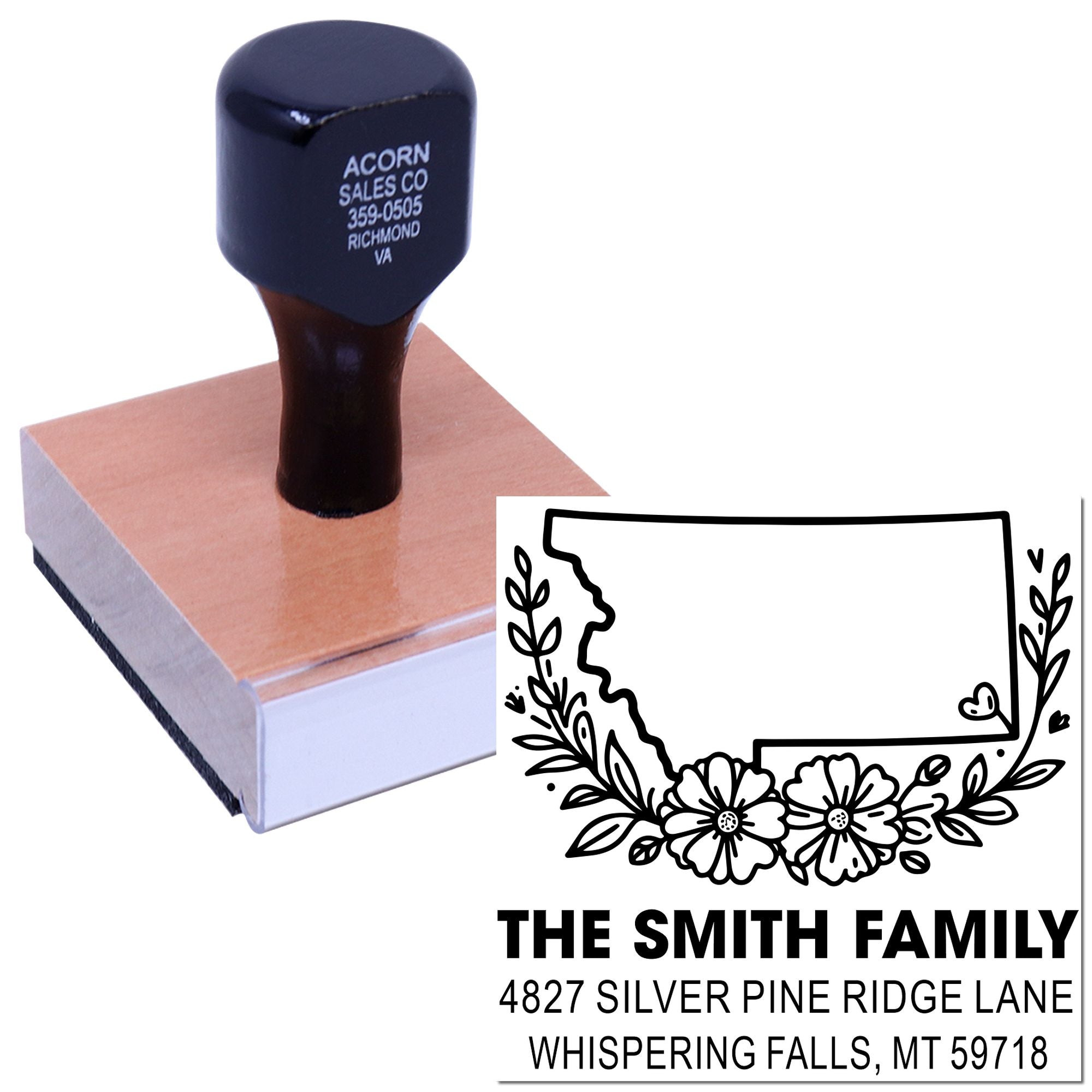 Personalized return address rubber stamp with floral border and family name for custom mailing labels.