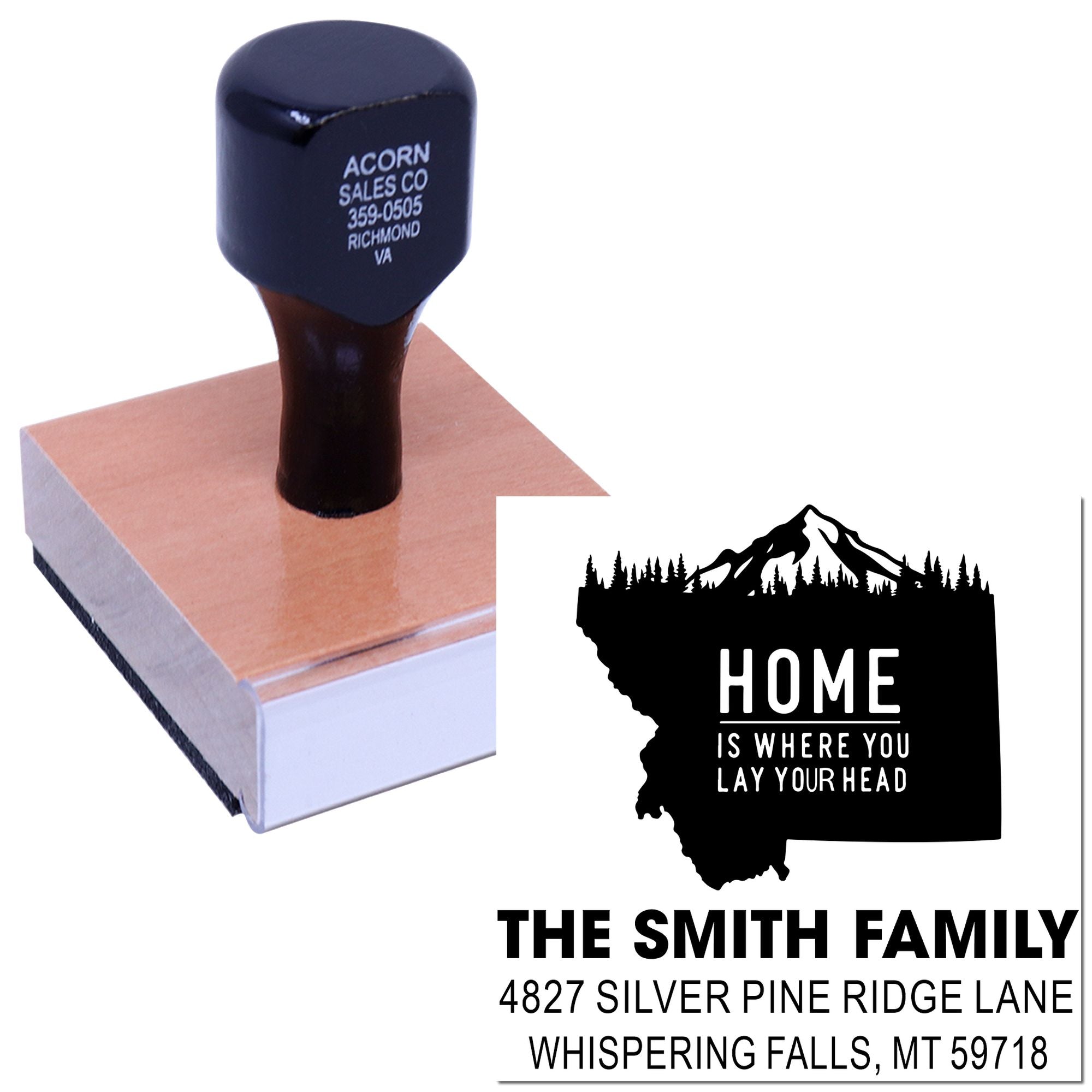 Custom rubber stamp with Montana home design and The Smith Family return address for personalized mailing.