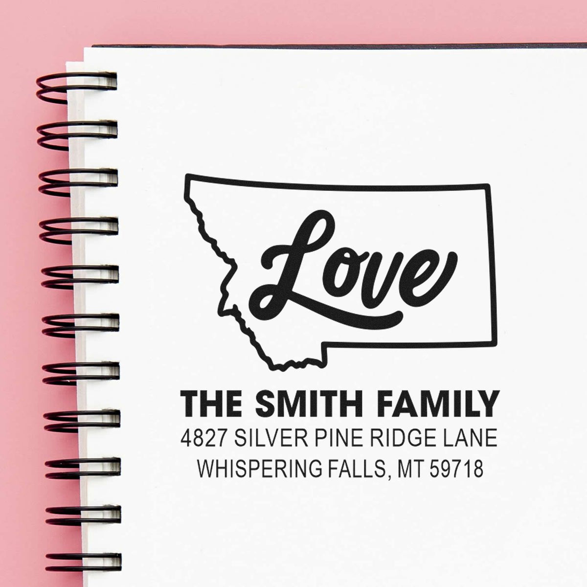 Custom Montana return address rubber stamp with Love design for The Smith Family, featuring Whispering Falls, MT mailing address.