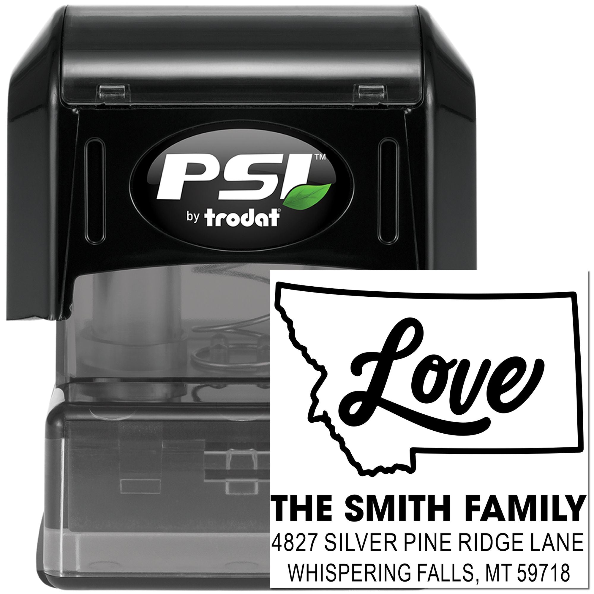 PSI by Trodat custom self-inking rubber stamp with Montana Love address design for personalized family mailing.