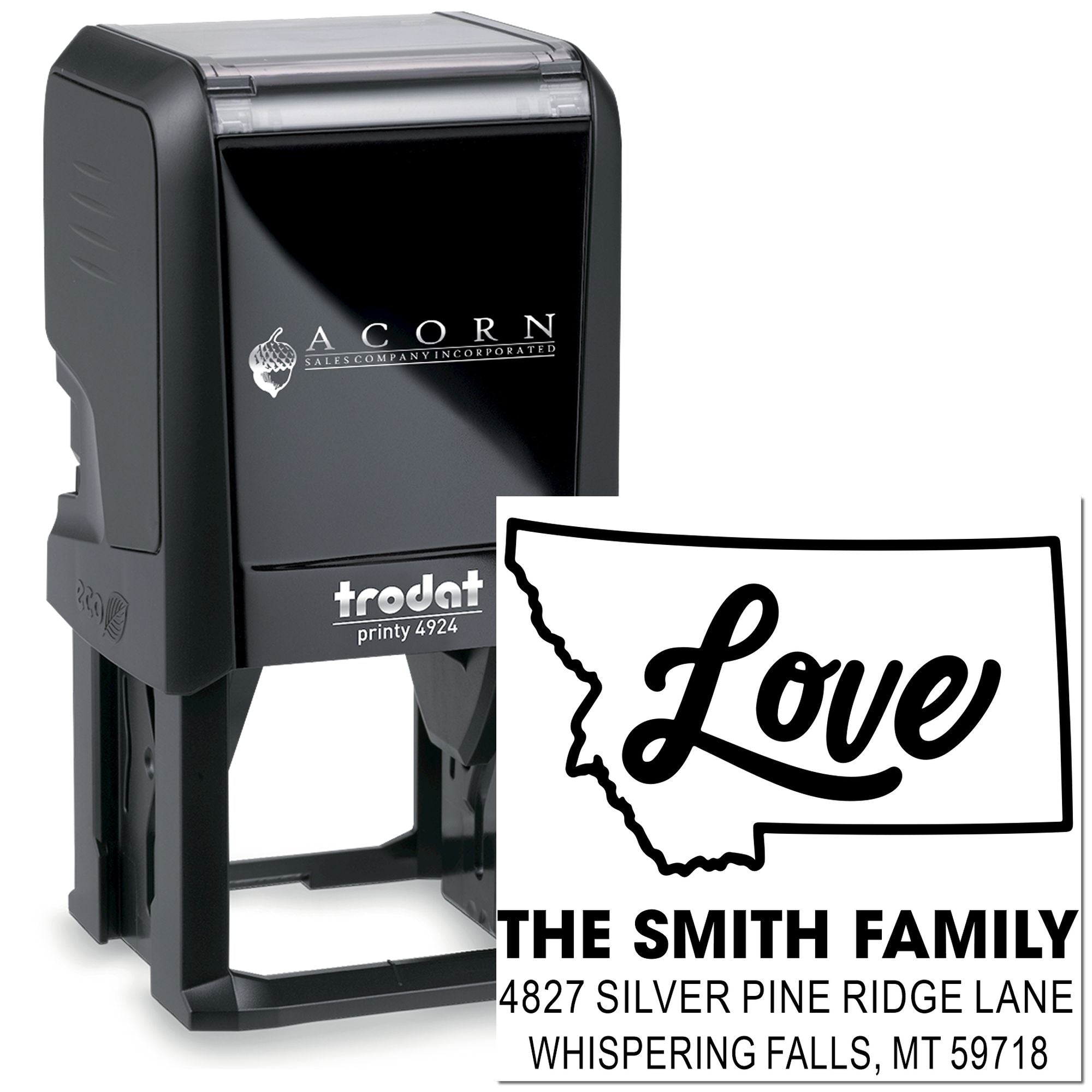 Custom self-inking Trodat rubber address stamp with Montana state outline and personalized return address for The Smith Family