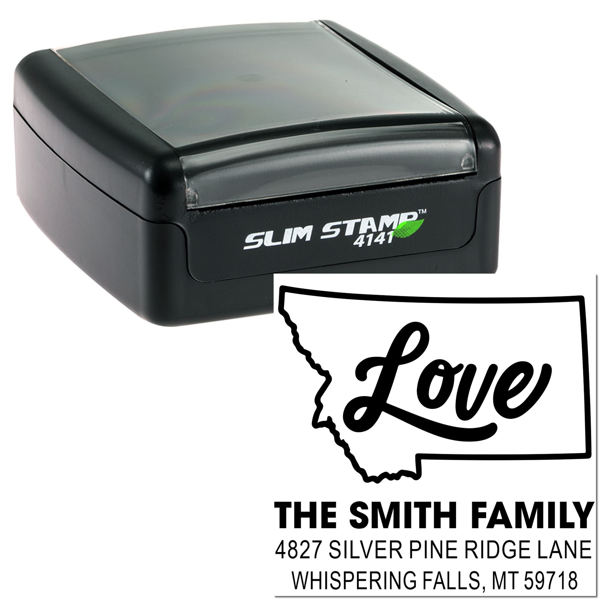 Custom self-inking rubber address stamp with Montana state design and Love family return address imprint.