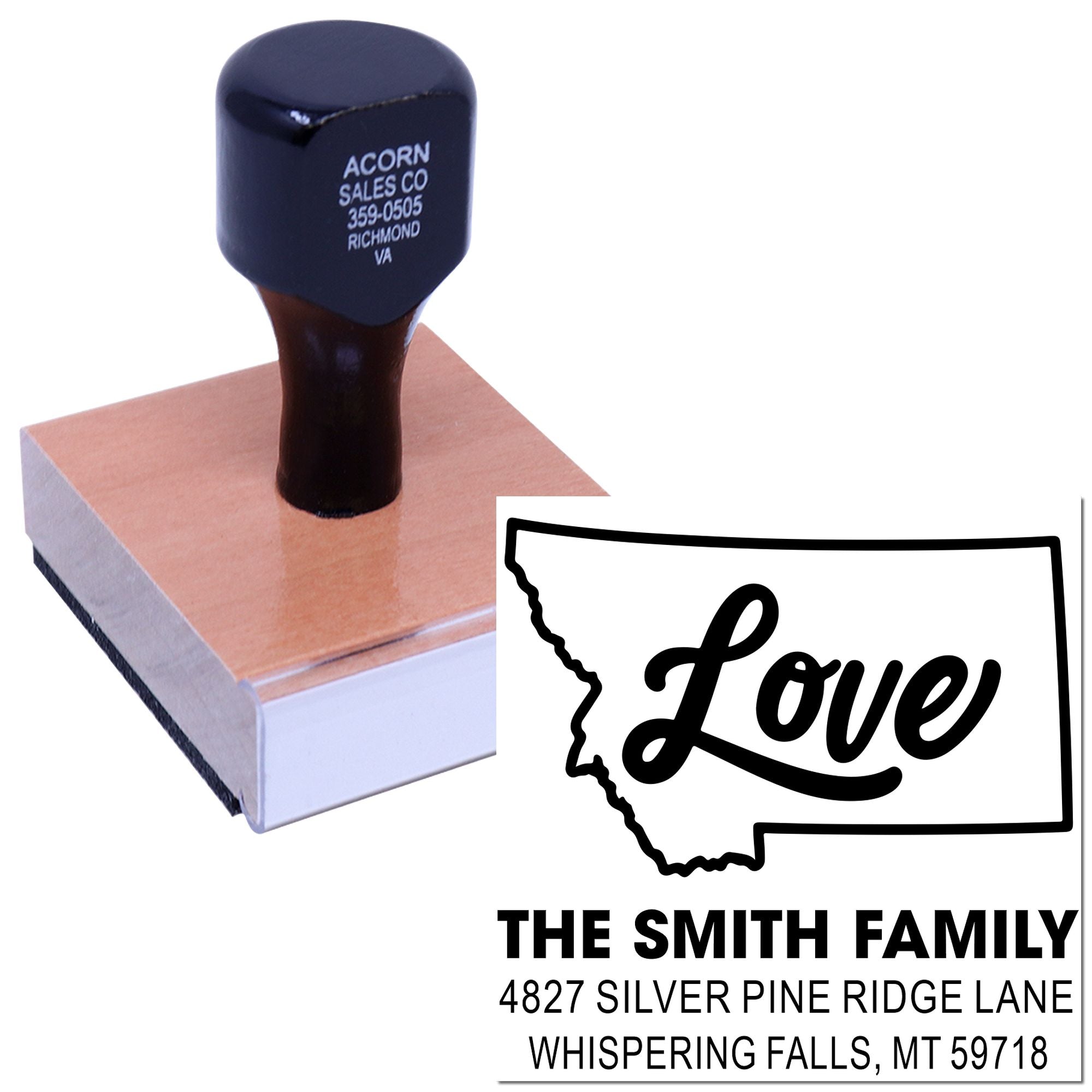 Custom Montana return address rubber stamp with Love family name for personalized mail, envelopes, and crafts.